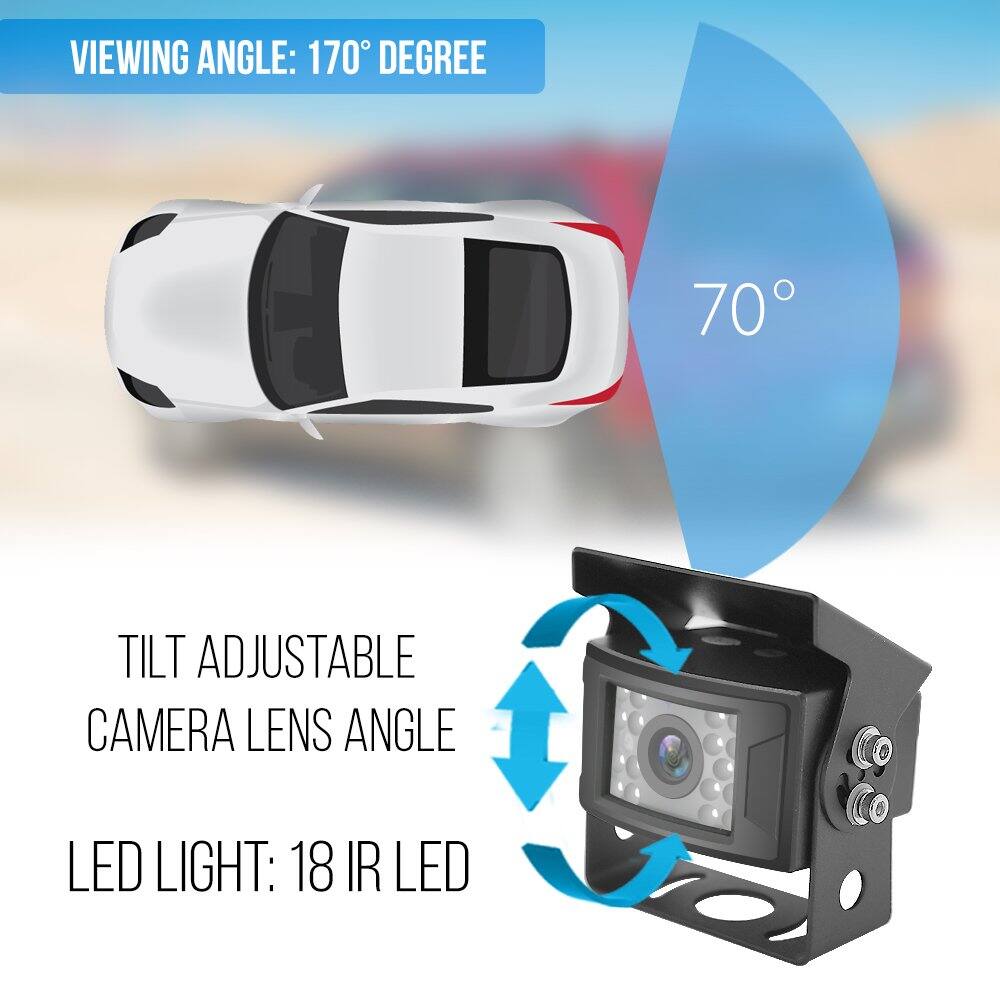 VIEWING ANGLE: 170° DEGREE

70°

TILT ADJUSTABLE CAMERA LENS ANGLE

LED LIGHT: 18 IR LED