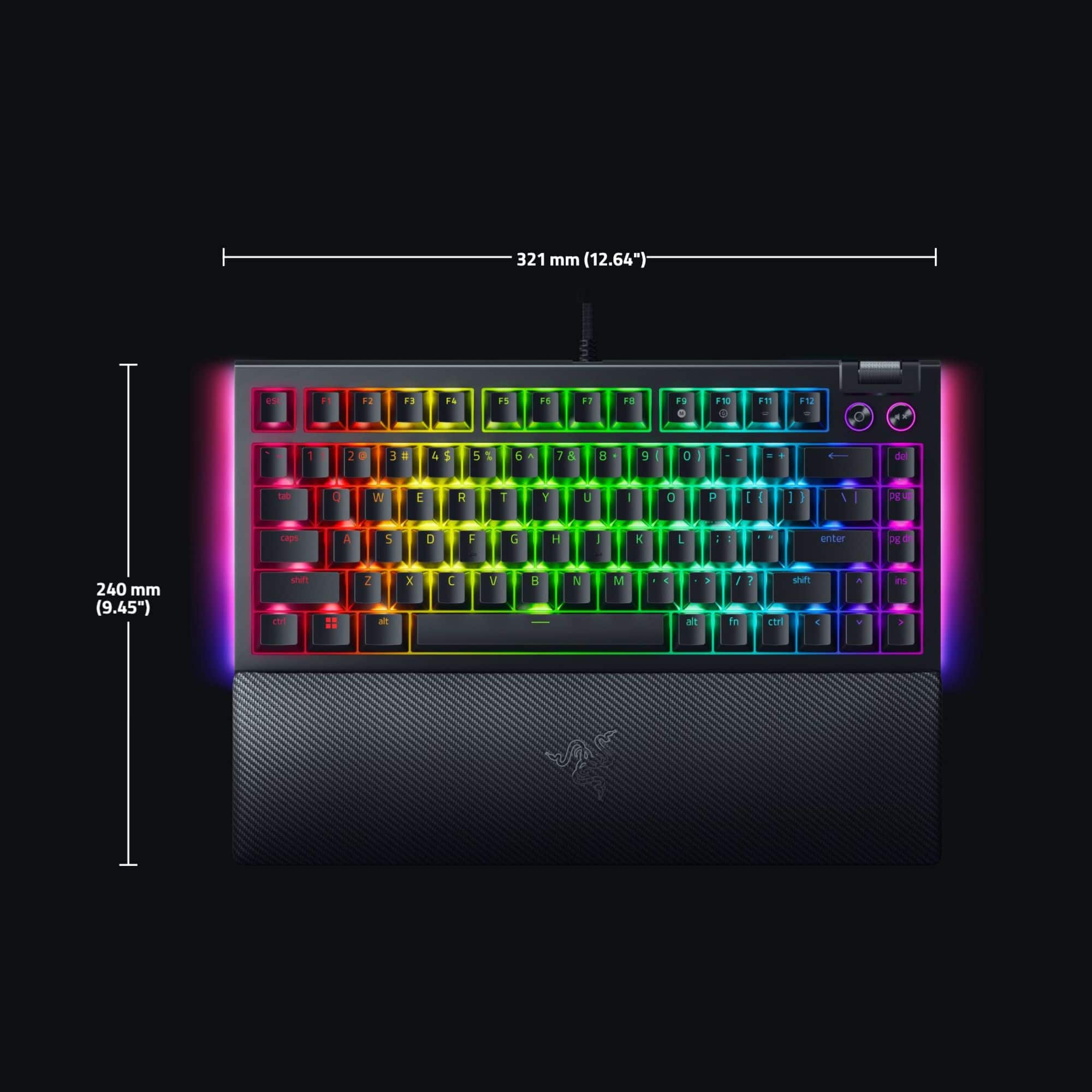 The image features a colorful keyboard with a rainbow design, measuring 321 mm (12.64") in length. The keyboard is designed by the company Razer and is likely intended for gaming purposes. The keyboard has a unique design, with the keys arranged in a way that resembles a rainbow. The keys are also labeled with letters and numbers, making it easy to type on. The keyboard is displayed in a black and white image, which highlights the vibrant colors of the rainbow design.