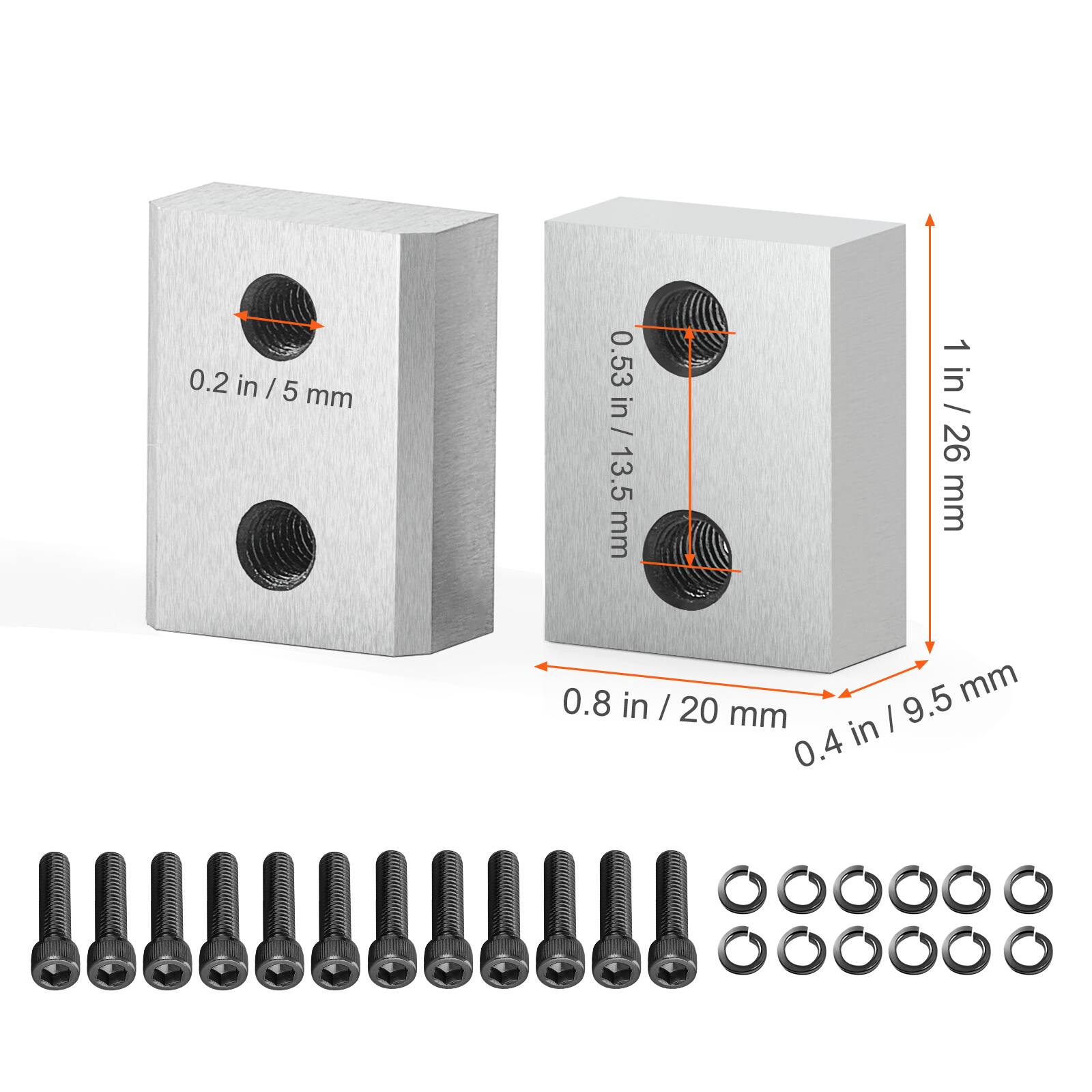 0.2 in / 5 mm  
0.53 in / 13.5 mm  
1 in / 26 mm  
0.8 in / 20 mm  
0.4 in / 9.5 mm