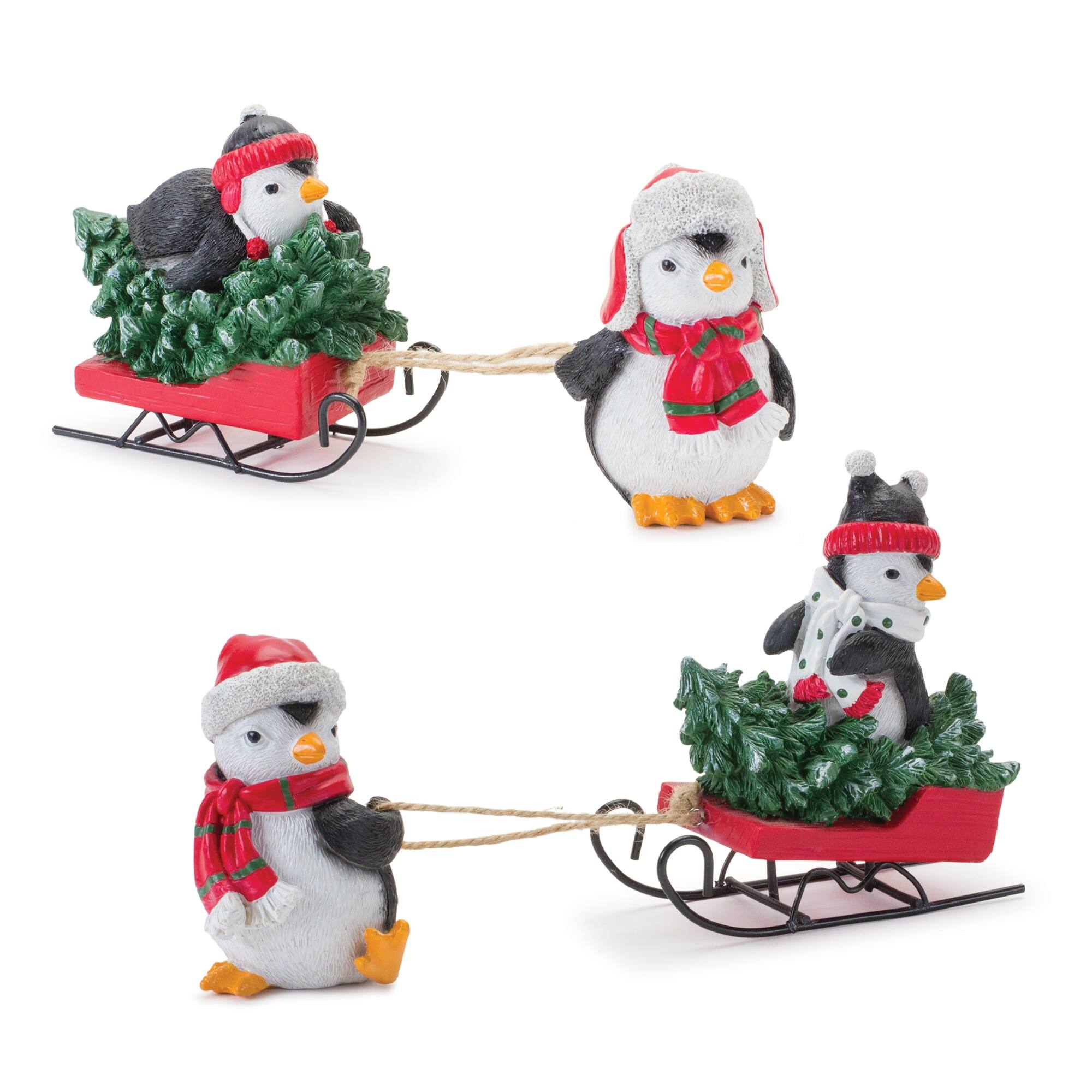 Front. BreeBe - Playful Penguins with Sled Figurine (Set of 2) - Green, Black, Red.