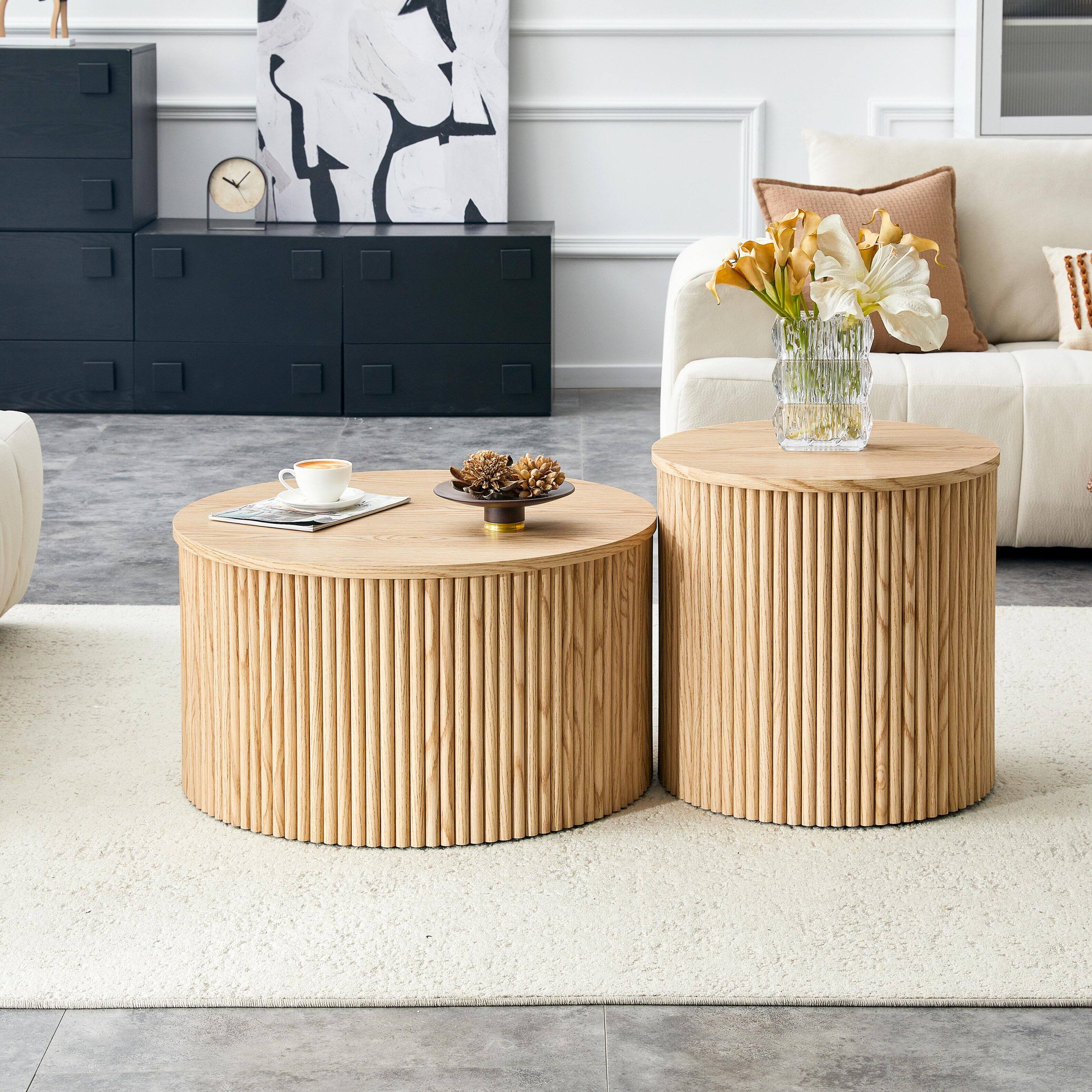 Alt View 1. Loheer - Loheer- 2.6ft Round Nesting Coffee Table Set with Storage Roman Column Light Wood Grain Side Tables for Living Room - Wood.