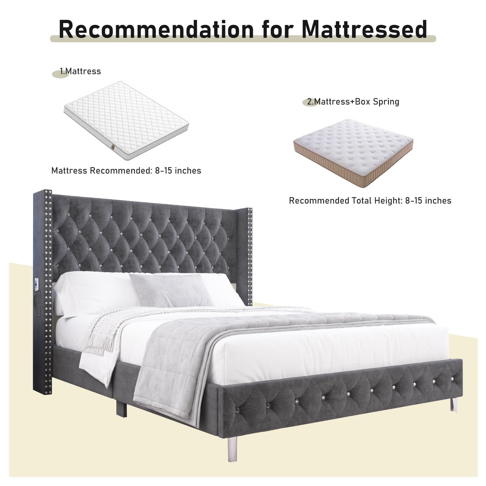 Recommendation for Mattressed

1. Mattress
   - Mattress Recommended: 8-15 inches

2. Mattress+Box Spring
   - Recommended Total Height: 8-15 inches