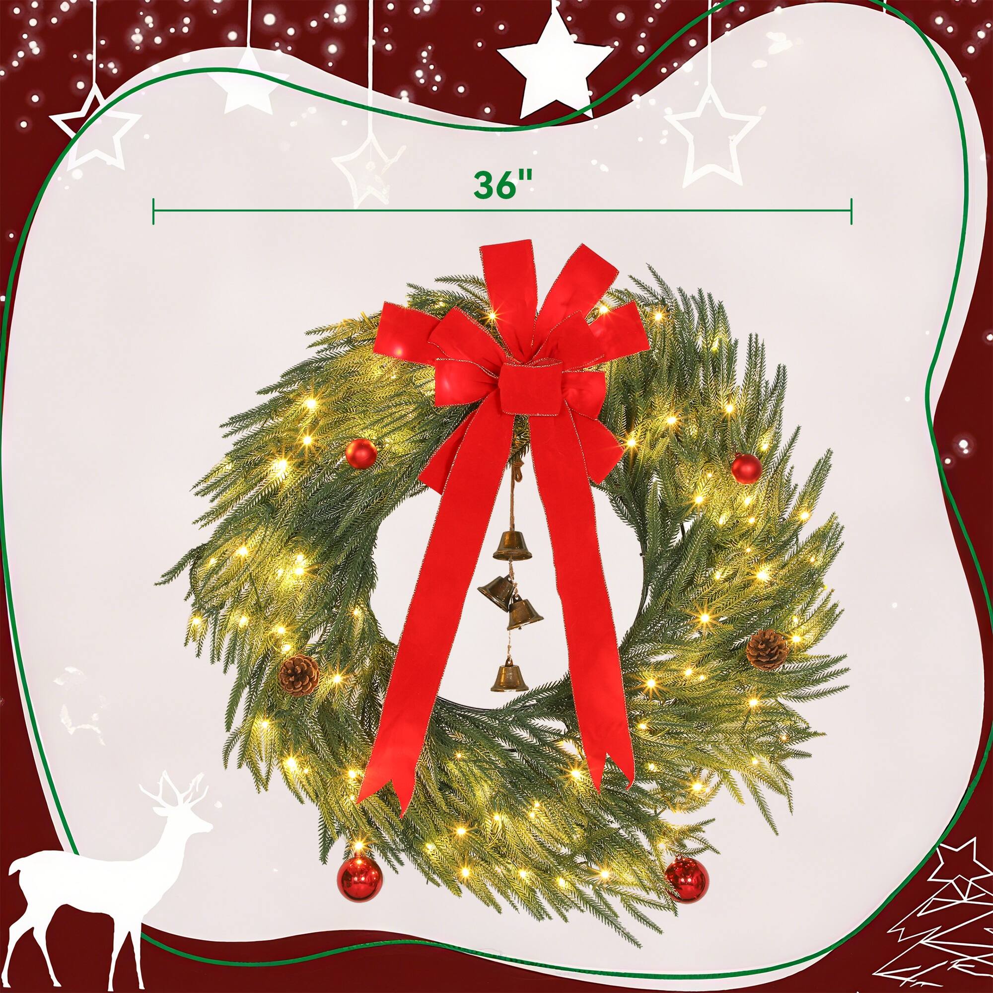 Alt View 2. Homcom - 36in Christmas Wreath for Front Door, 100 LEDs, Prelit with 8 Modes, Frosted Branches, Green - Green.