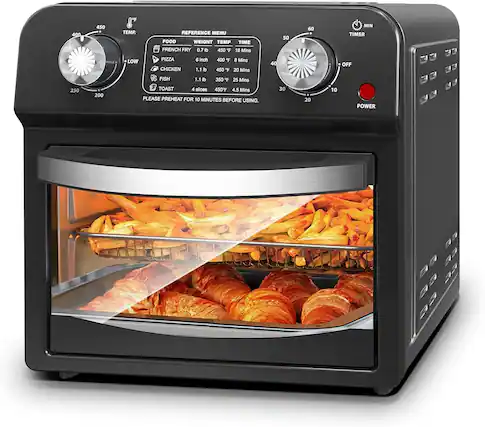 Here is the corrected and grouped text:
**Reference Menu:**
- **French Fry:** 0.7 lb at 450°F for 18 minutes
- **Pizza:** 6 inch at 400°F for 8 minutes
- **Chicken:** 1.1 lb at 450°F for 20 minutes
- **Fish:** 1.1 lb at 350°F for 25 minutes
- **Toast:** 4 slices at 450°F for 4.5 minutes
**Instructions:**
- Please preheat for 10 minutes before using.