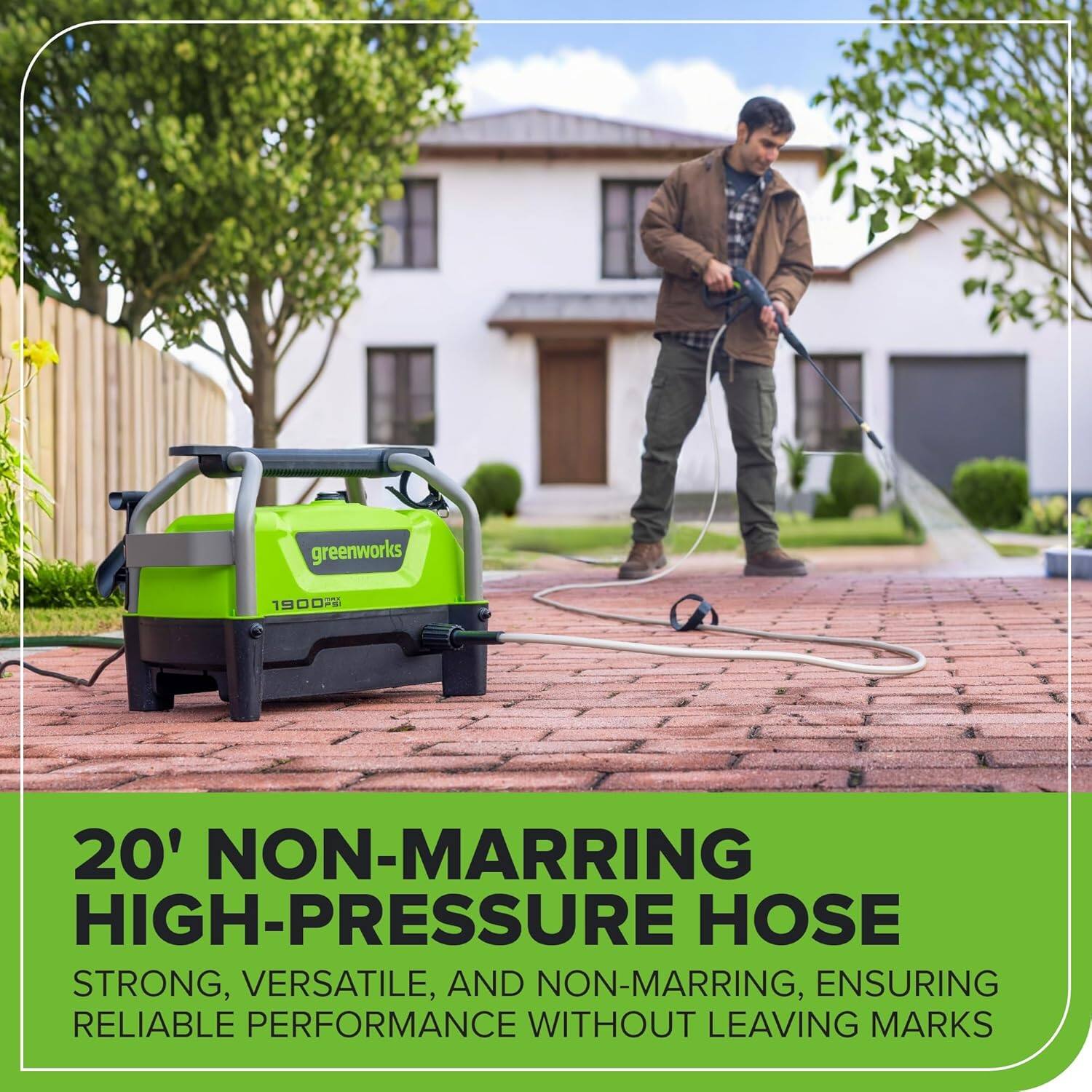 greenworks 1900 20' NON-MARRING HIGH-PRESSURE HOSE STRONG, VERSATILE, AND NON-MARRING, ENSURING RELIABLE PERFORMANCE WITHOUT LEAVING MARKS