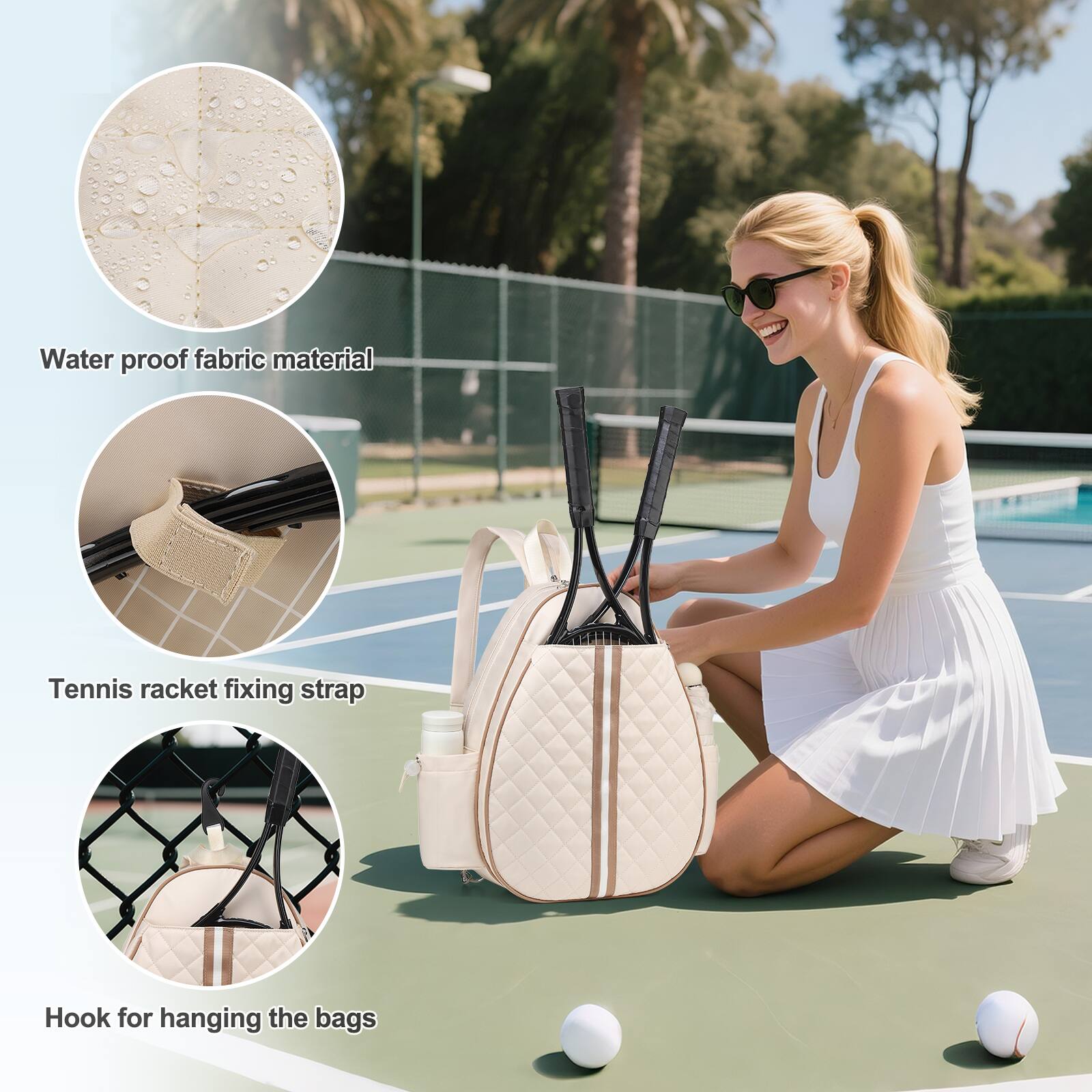 Waterproof fabric material  
Tennis racket fixing strap  
Hook for hanging the bags