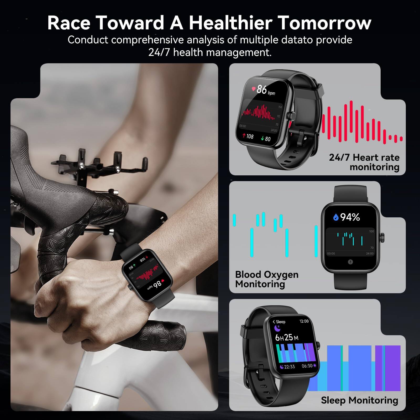 Back. GlowWise - Smart Watch with Alexa,1.83" HD Touchscreen,120+ Sport Modes, Heart Rate Monitor, IP68 Waterproof, for iPhone & Android. - Blank.