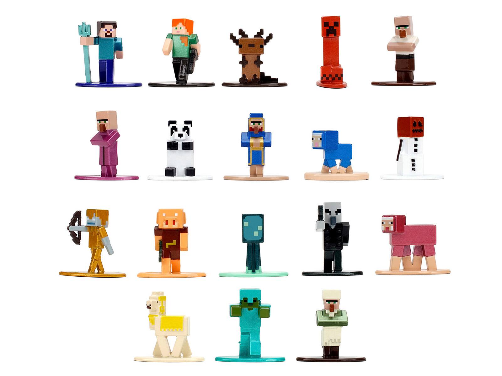 The image shows a collection of pixel art figurines resembling characters from a popular video game. Here is a description of each character from left to right, top to bottom:

1. A character in a blue shirt and blue pants holding a sword.
2. A character with orange hair in a green shirt and black pants.
3. A tree-like creature with a brown trunk and branches.
4. A red and black tower-like structure.
5. A character in a brown outfit with a beard.
6. A character in a purple outfit with a beard.
7. A panda-like creature with black and white fur.
8. A character in a blue outfit with a crown.
9. A blue dog-like creature.
10. A red and black tower-like structure with a face.
11. A character in a gold outfit with a pickaxe.
12. A character in an orange outfit with a beard.
13. A character in a blue outfit with a square face.
14. A character in a black outfit with a square face.
15. A red dog-like creature.
16. A character in a white outfit with a square face.
17. A character in a yellow outfit with a square face.
18. A character in a