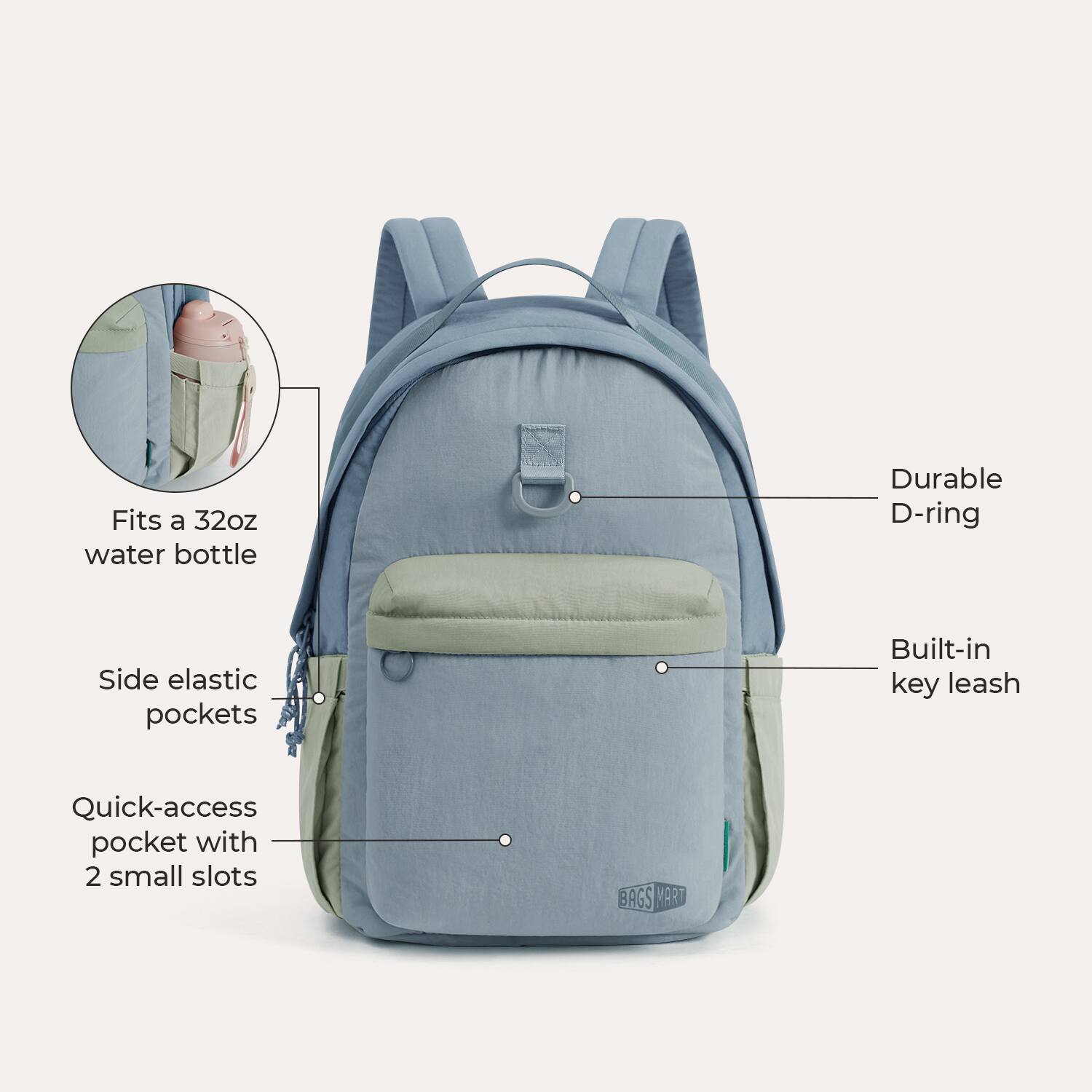 Fits a 32oz water bottle  
Durable D-ring  
Side elastic pockets  
Built-in key leash  
Quick-access pocket with 2 small slots  
BAGS MART