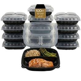 Eco Harmony Products - Hinged Container (PP) Four Vents, Duo-Colored, 3-compartment, 10" x10", 100-Pack - Black