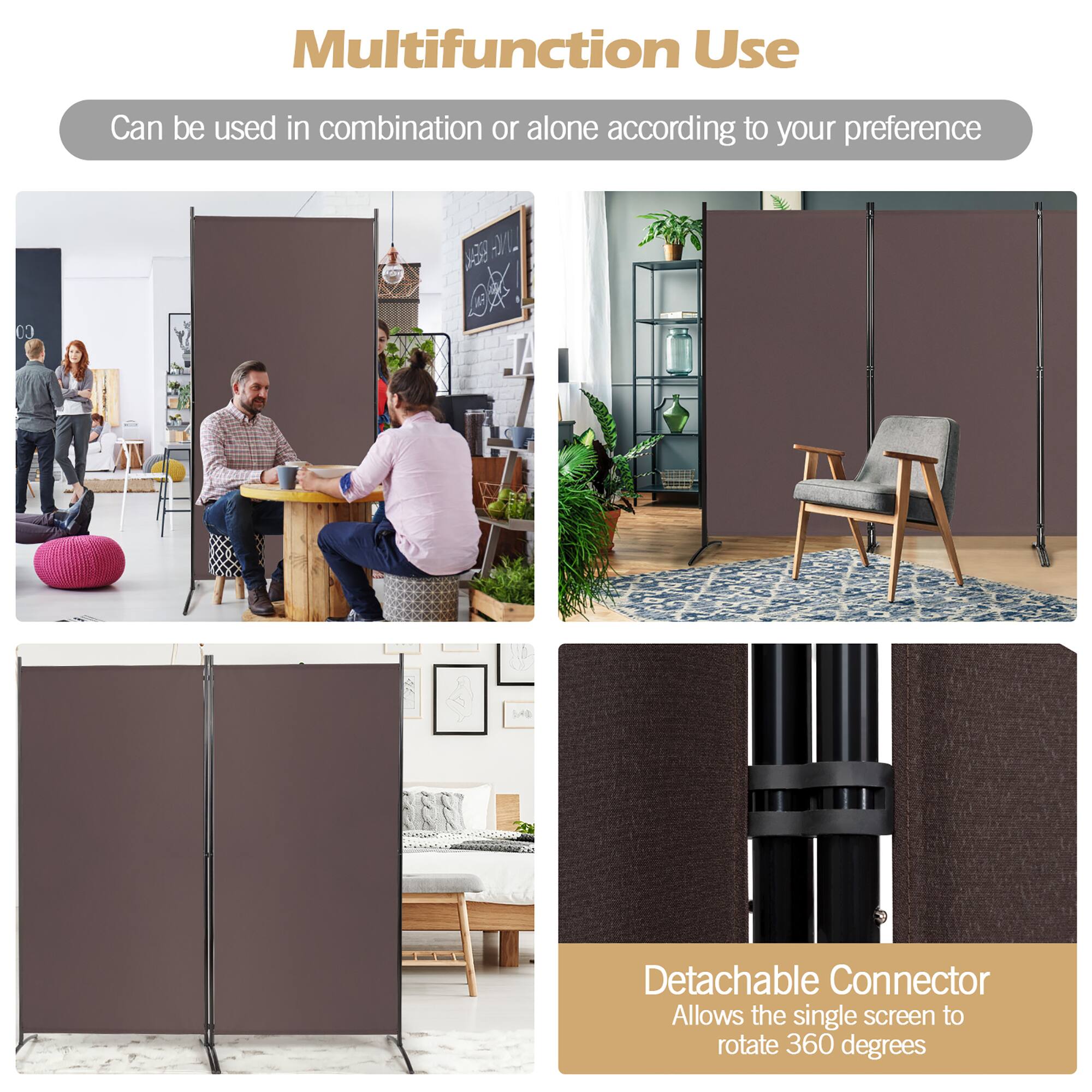 Multifunction Use  
Can be used in combination or alone according to your preference  

Detachable Connector  
Allows the single screen to rotate 360 degrees