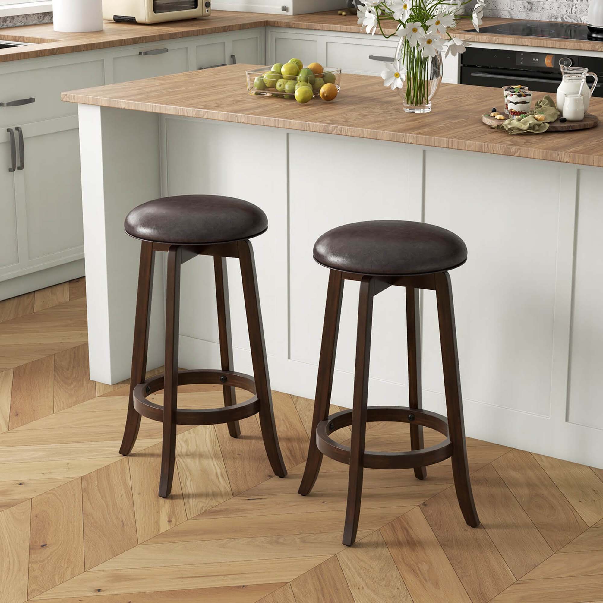Alt View 1. Costway - 29" Counter Height Stools Set of 2 with 360° Swivel Round Seat & Footrest - Brown.