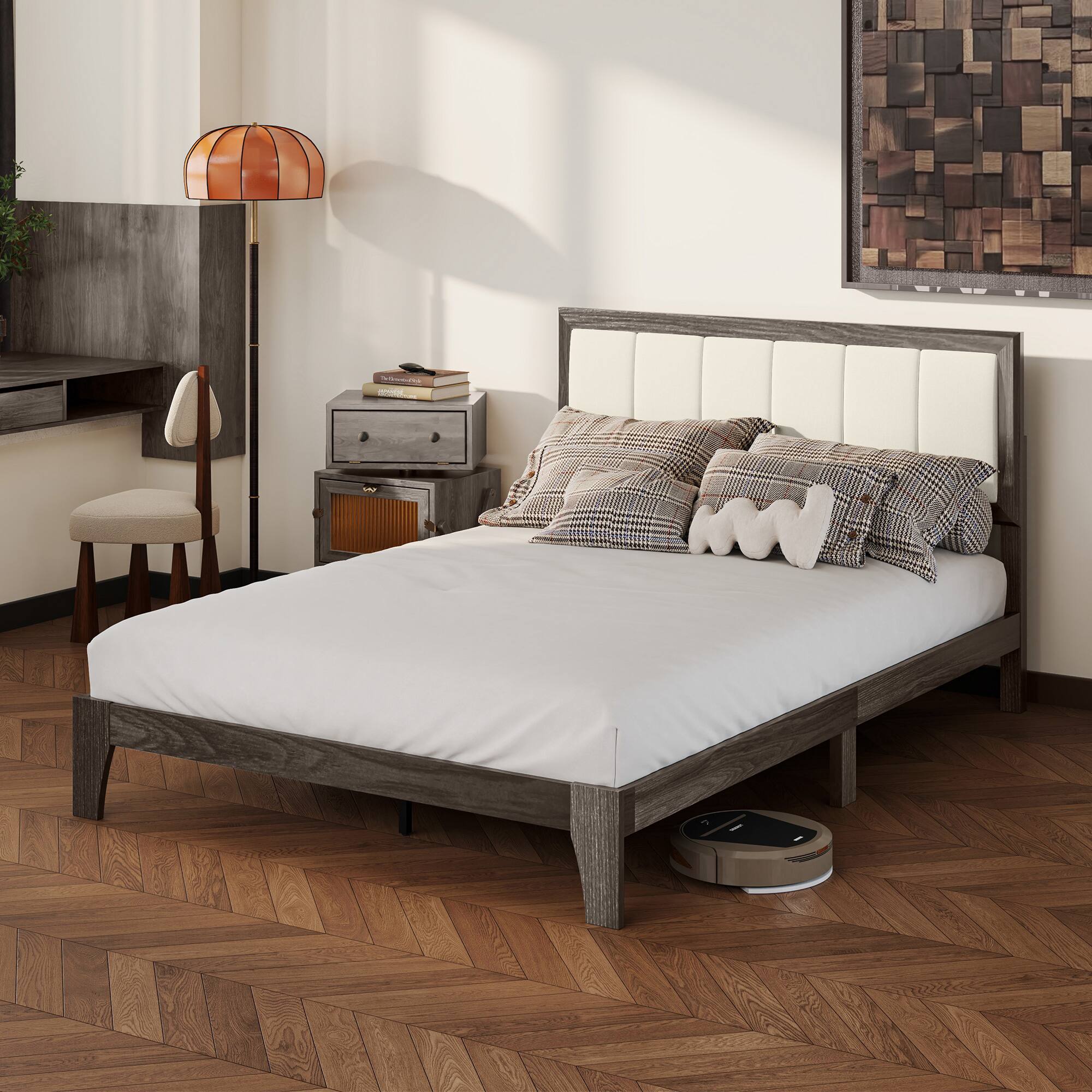 Alt View 1. Homcom - Full Upholstered Platform Bed Frame: Wood Slats No Box Spring Fast Setup - Charcoal Gray.