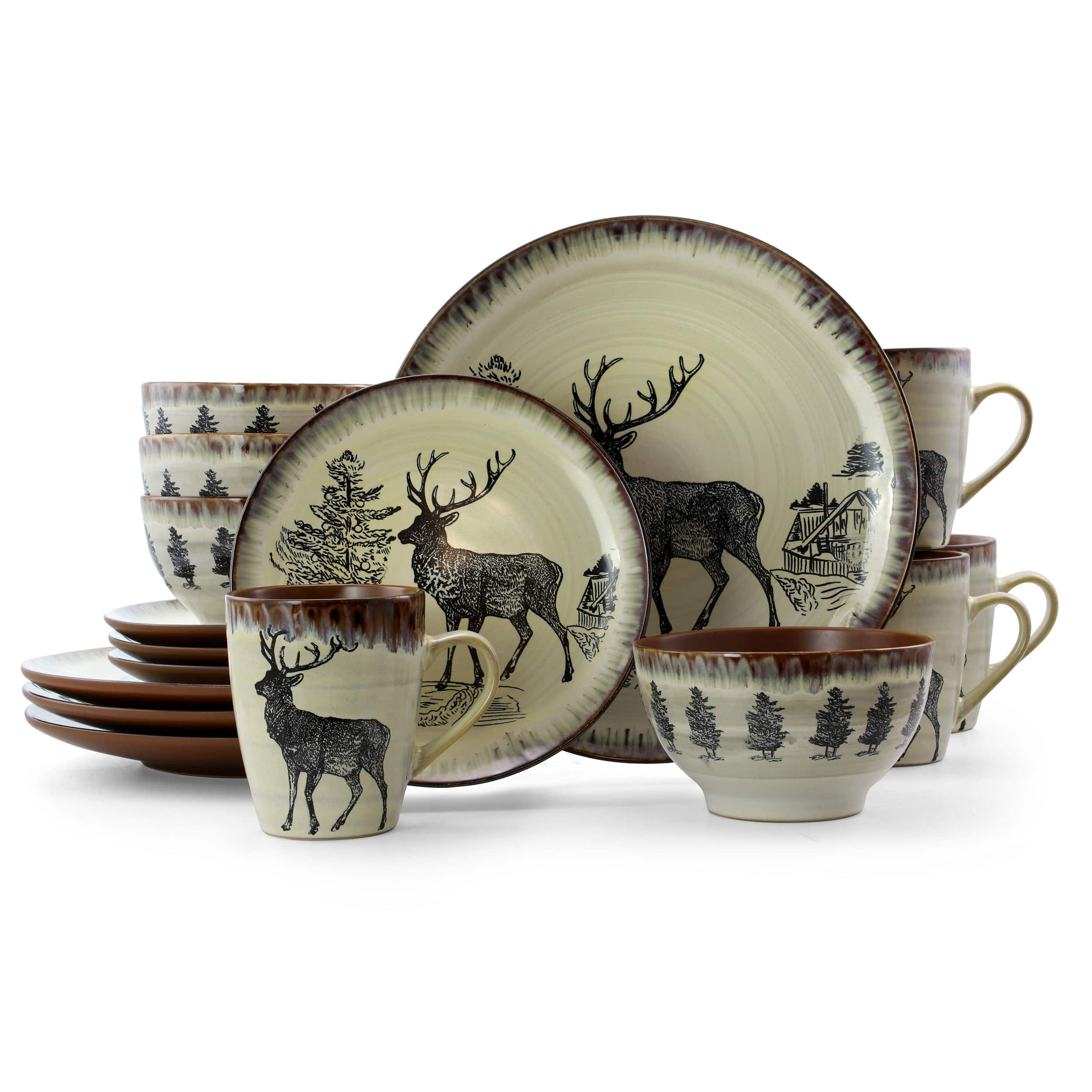 Front. Elama - Elama Majestic Elk 16 Piece Luxurious Stoneware Dinnerware with Complete Setting for 4 - Taupe and Brown.