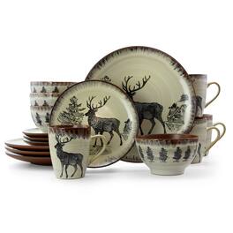 Elama - Majestic Elk 16 Piece Luxurious Stoneware Dinnerware with Complete Setting for 4 - Taupe and Brown
