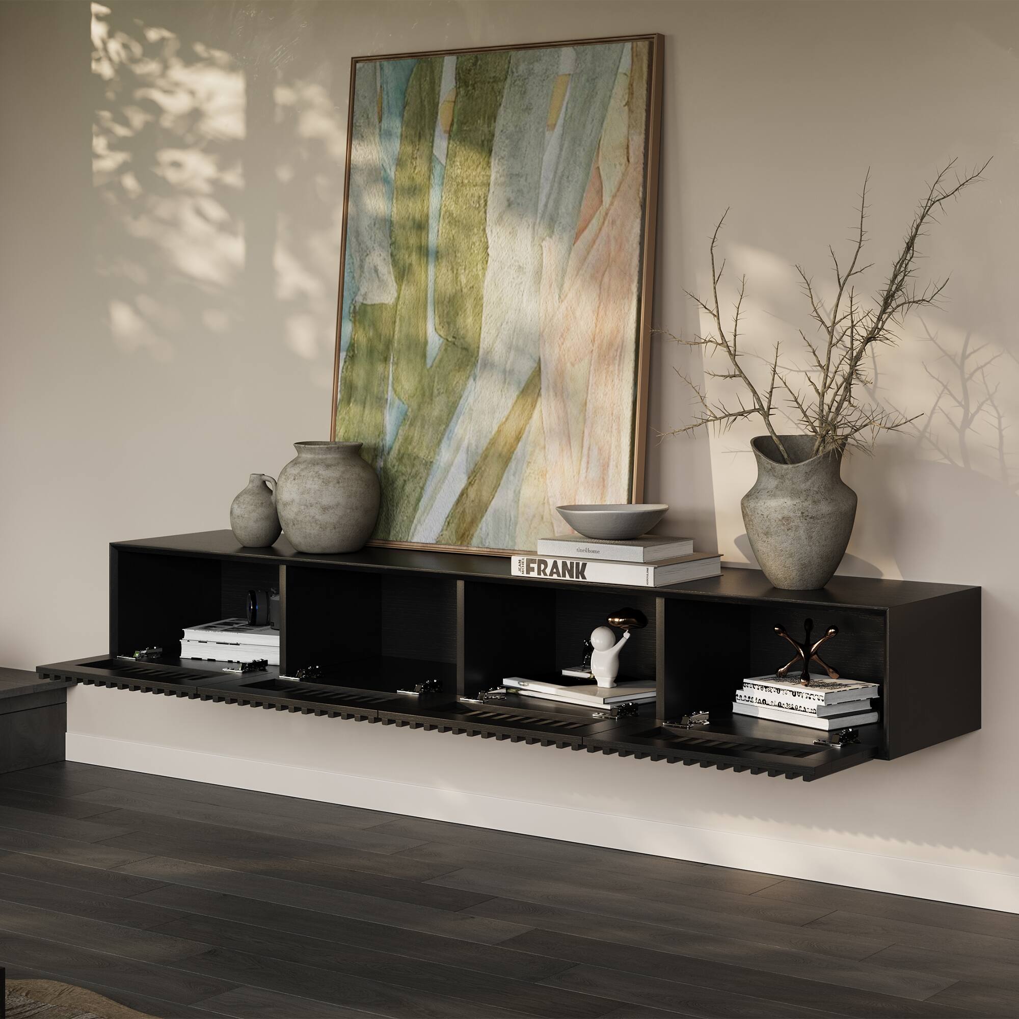 Alt View 8. POVISON - 79" Black Floating TV Stand, Modern Minimalist, Four Drawers, Fully-Assembled - Black.