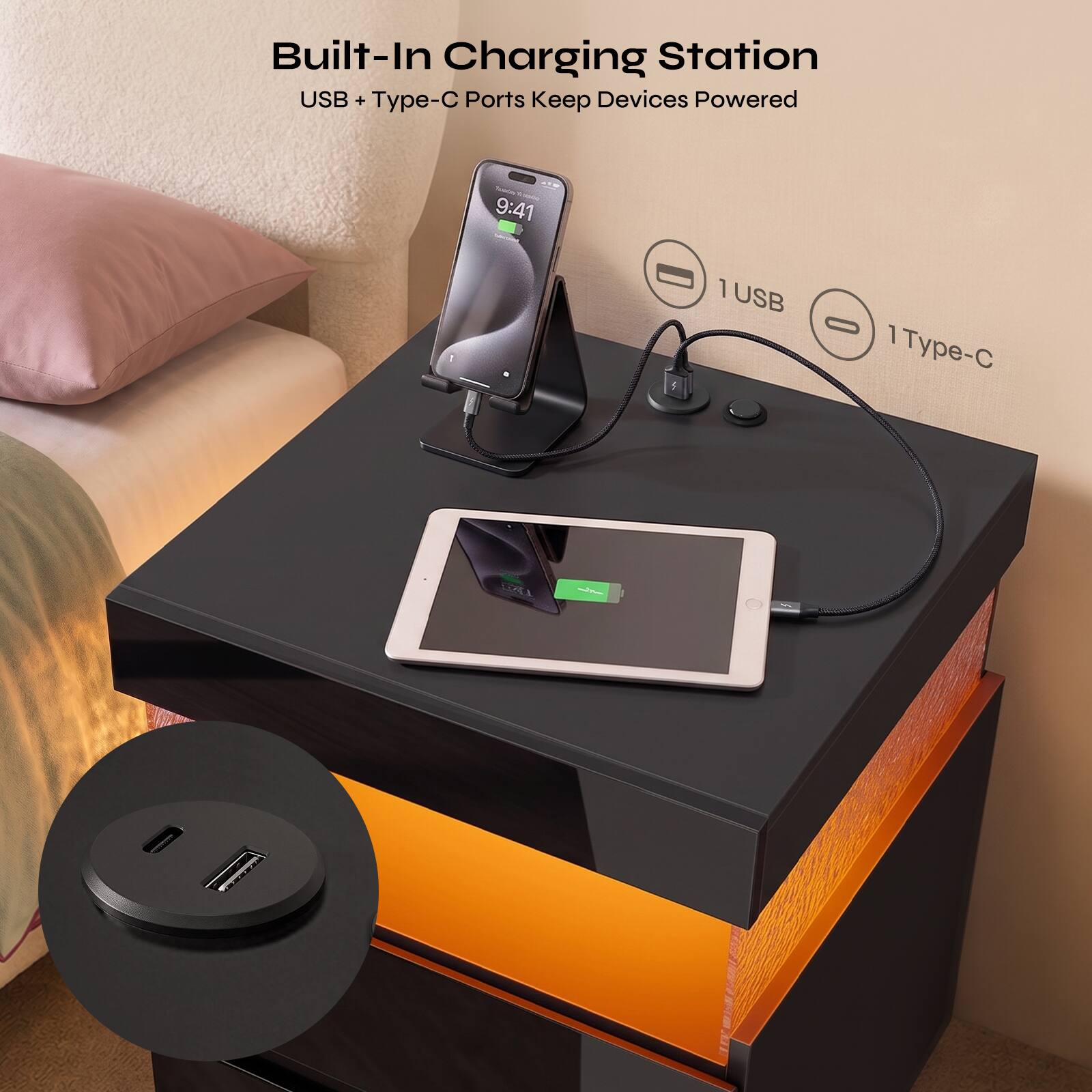 Built-In Charging Station  
USB + Type-C Ports Keep Devices Powered  

1 USB  
1 Type-C