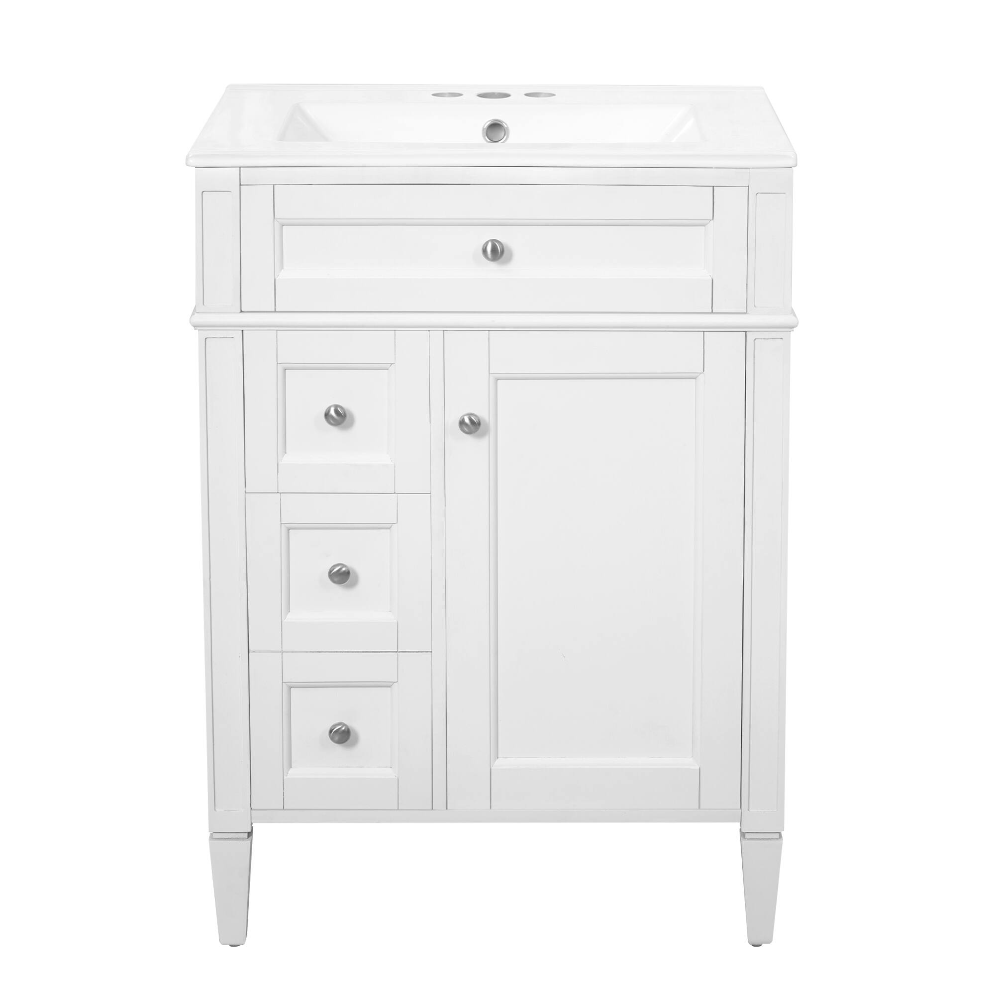 Back. Whisen - 24" Bathroom Vanity with Ceramic Sink Top and 3 Drawers Modern Single Sink Storage Cabinet - White.