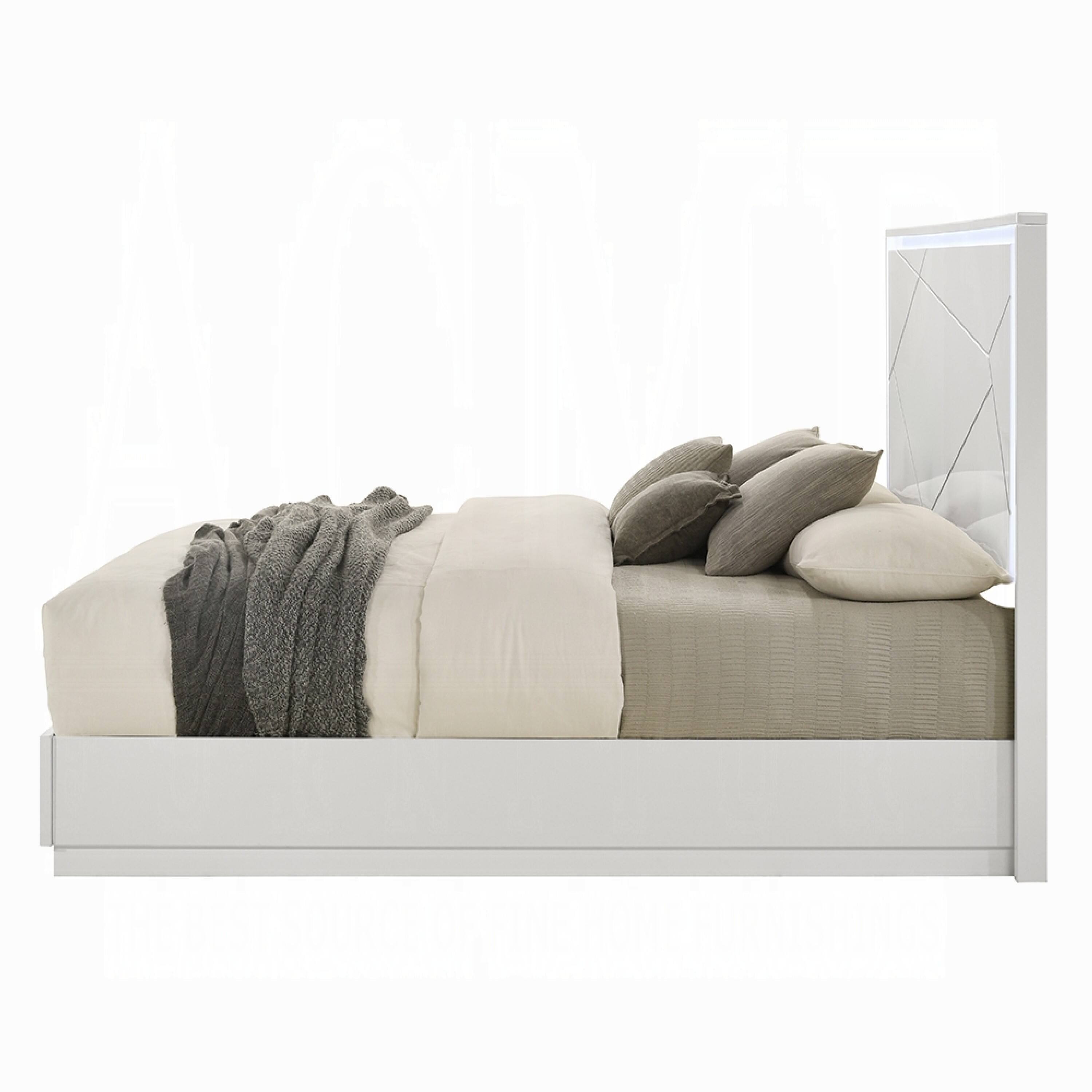 Alt View 2. Manhattan Lane - Esy Queen Size Storage Bed with LED Headboard, USB Ports, White and Silver - White, Silver.