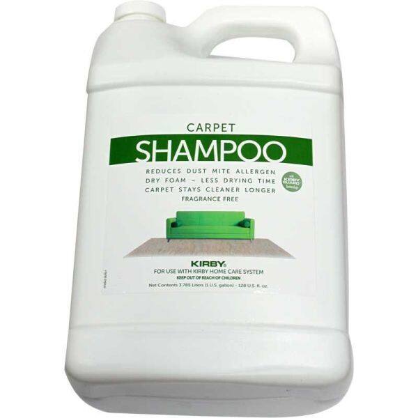 CARPET SHAMPOO  
REDUCES DUST MITE ALLERGEN  
DRY FOAM - LESS DRYING TIME  
CARPET STAYS CLEANER LONGER  
FRAGRANCE FREE  

KIRBY  
FOR USE WITH KIRBY HOME CARE SYSTEM  
KEEP OUT OF REACH OF CHILDREN  

Net Contents 3.78 Liters (1.29 U.S. gallons)