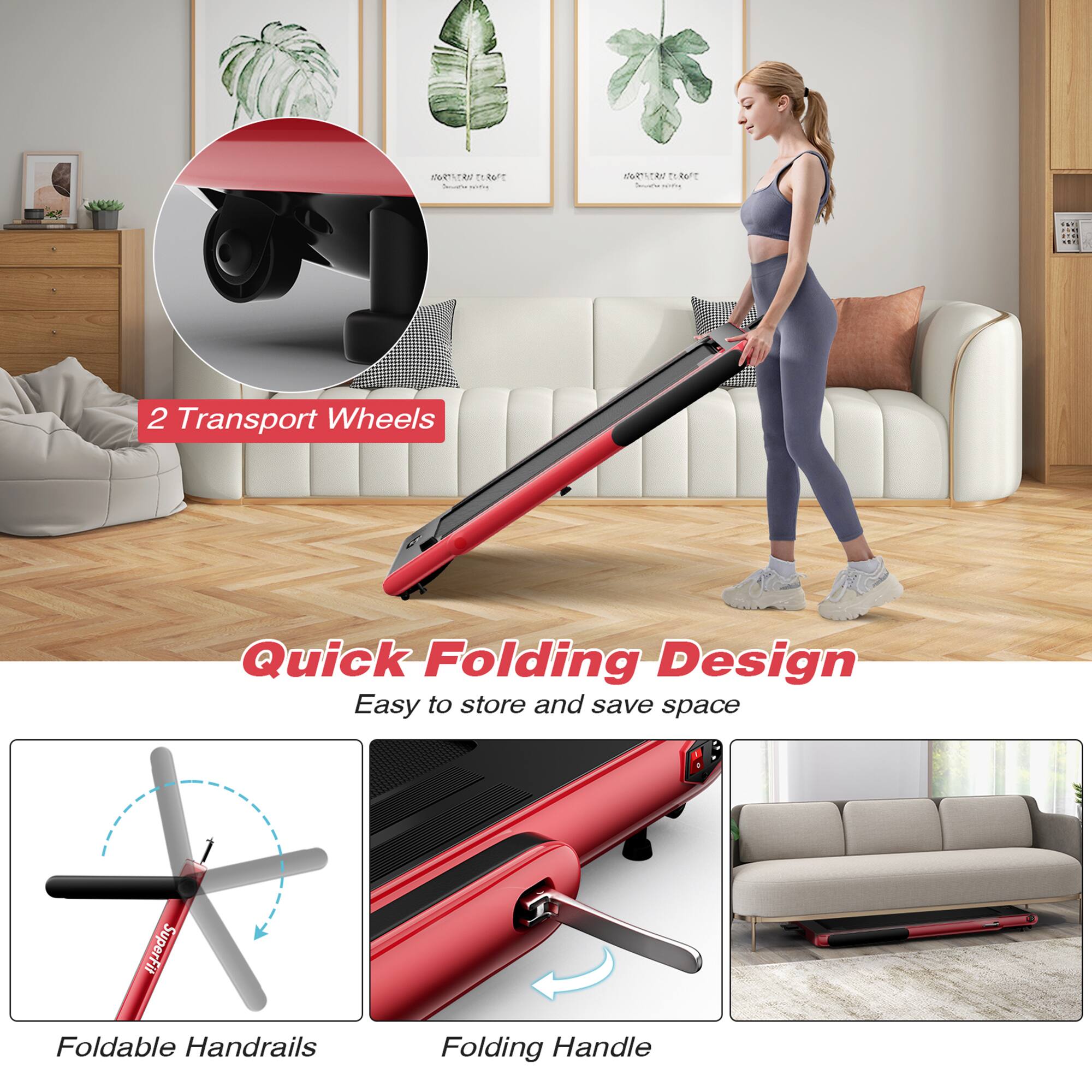 2 Transport Wheels

Quick Folding Design
Easy to store and save space

Foldable Handrails

Folding Handle