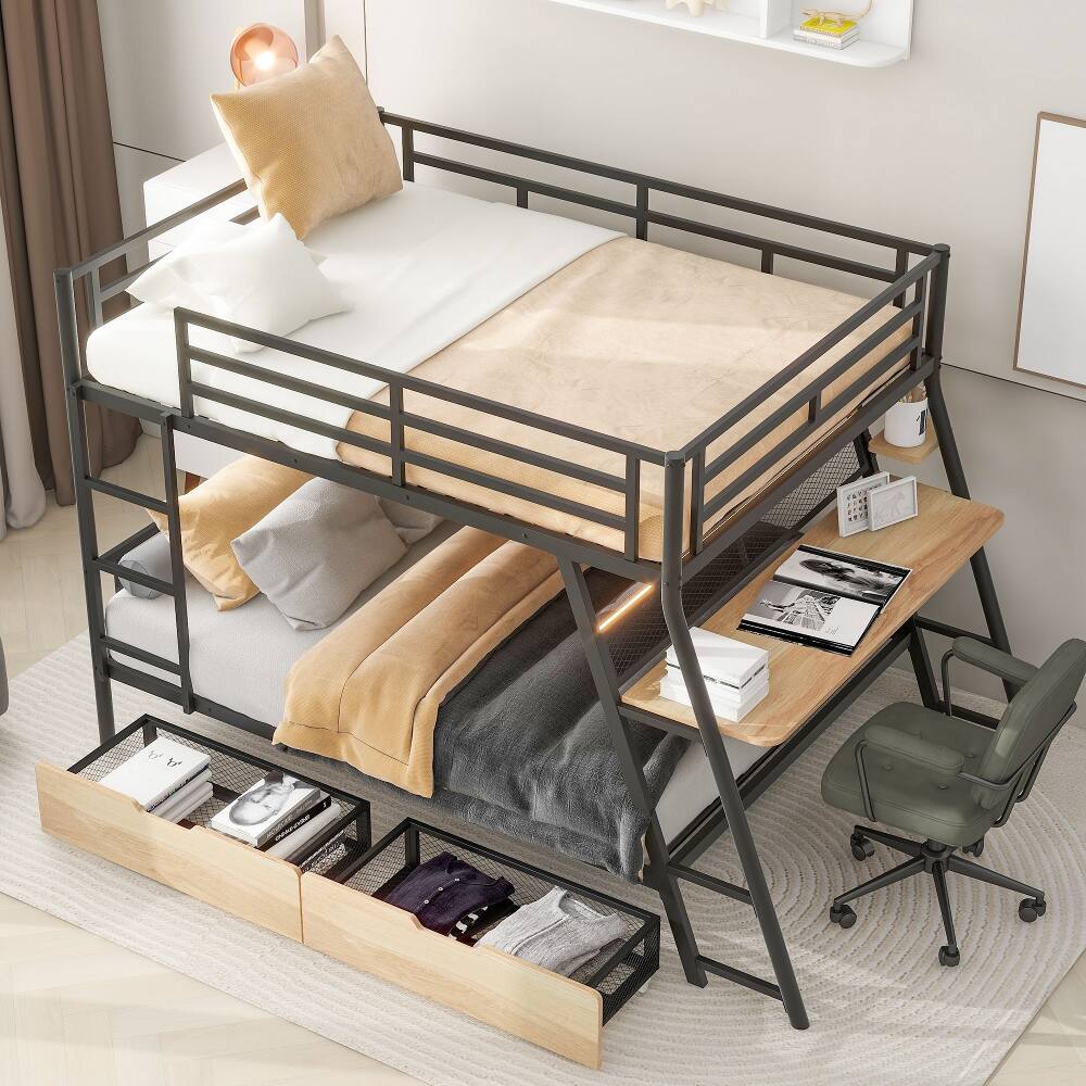Alt View 7. Loheer - Loheer Full Size Metal Bunk Bed with Built-in Desk, Light and 2 Drawers, Black - Black.