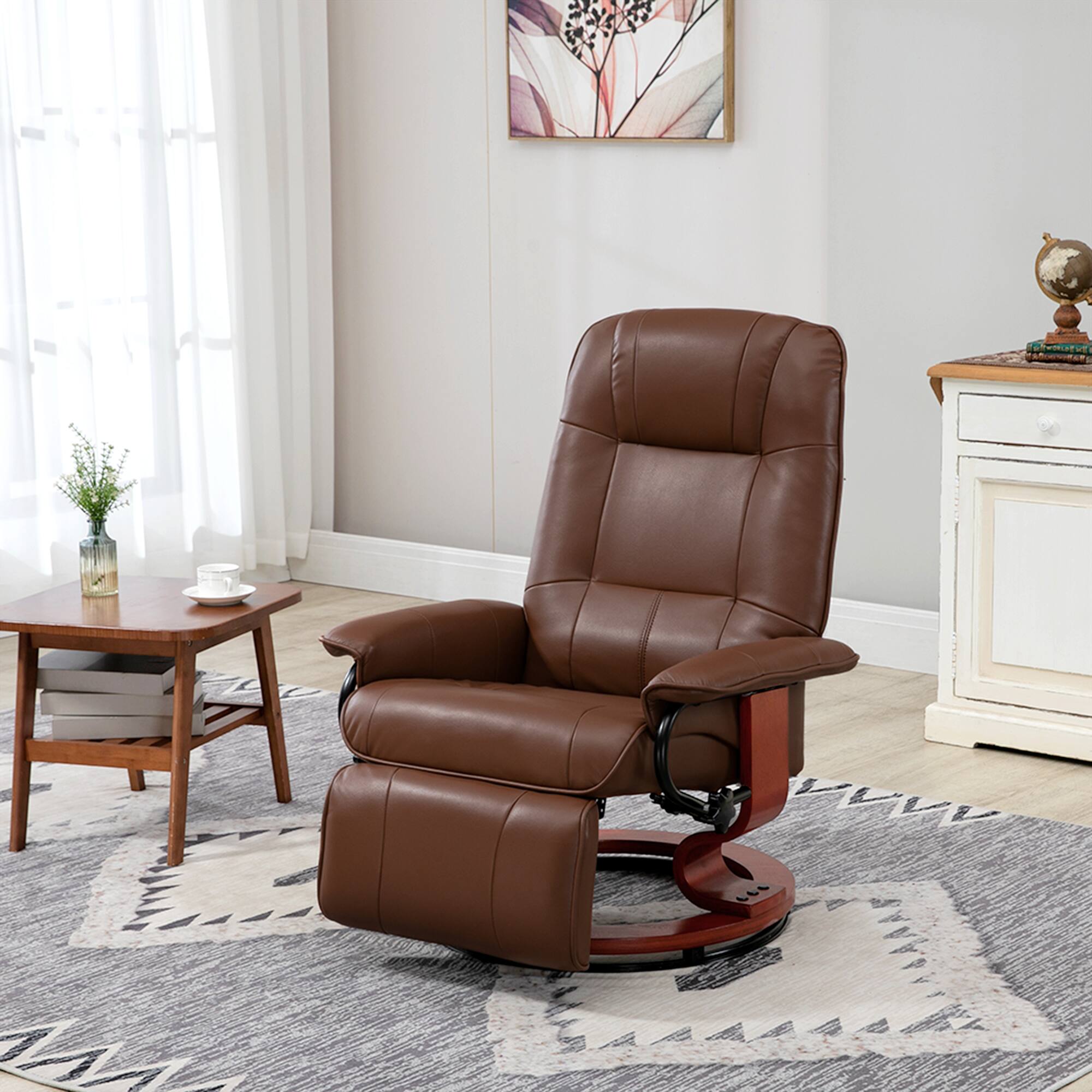 Angle. Homcom - Faux Leather Manual Recliner, Adjustable Swivel Lounge Chair with Footrest, Armrest and Wrapped Wood Base - Brown.