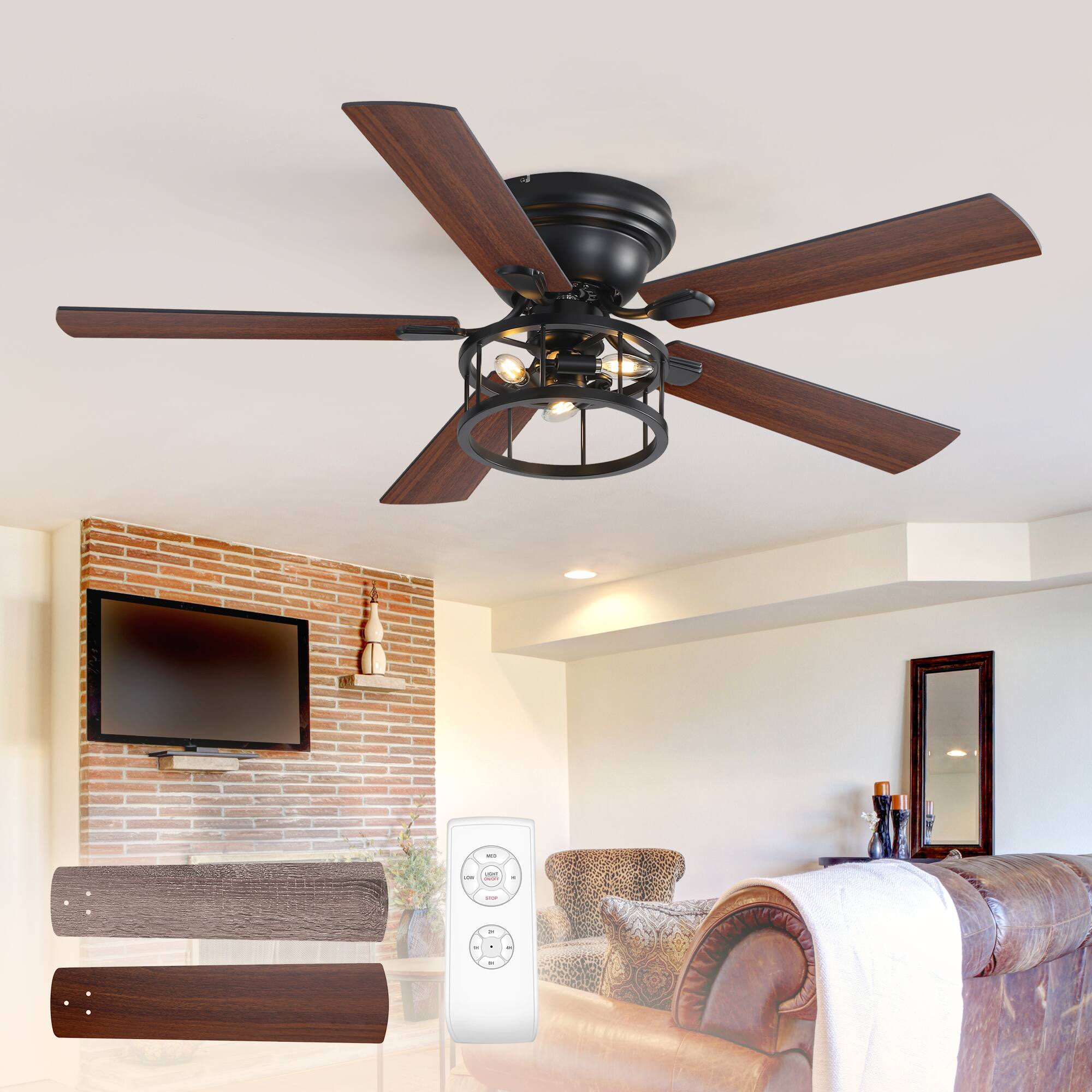 Left. Breezary - 52-In Indoor Flush Mount Ceiling Fan with Light Kit, 5 Dual-Tone Plywood Blades, Reversible Motor, Remote/Chain Control - Dual Wood Grain + Remote Control.