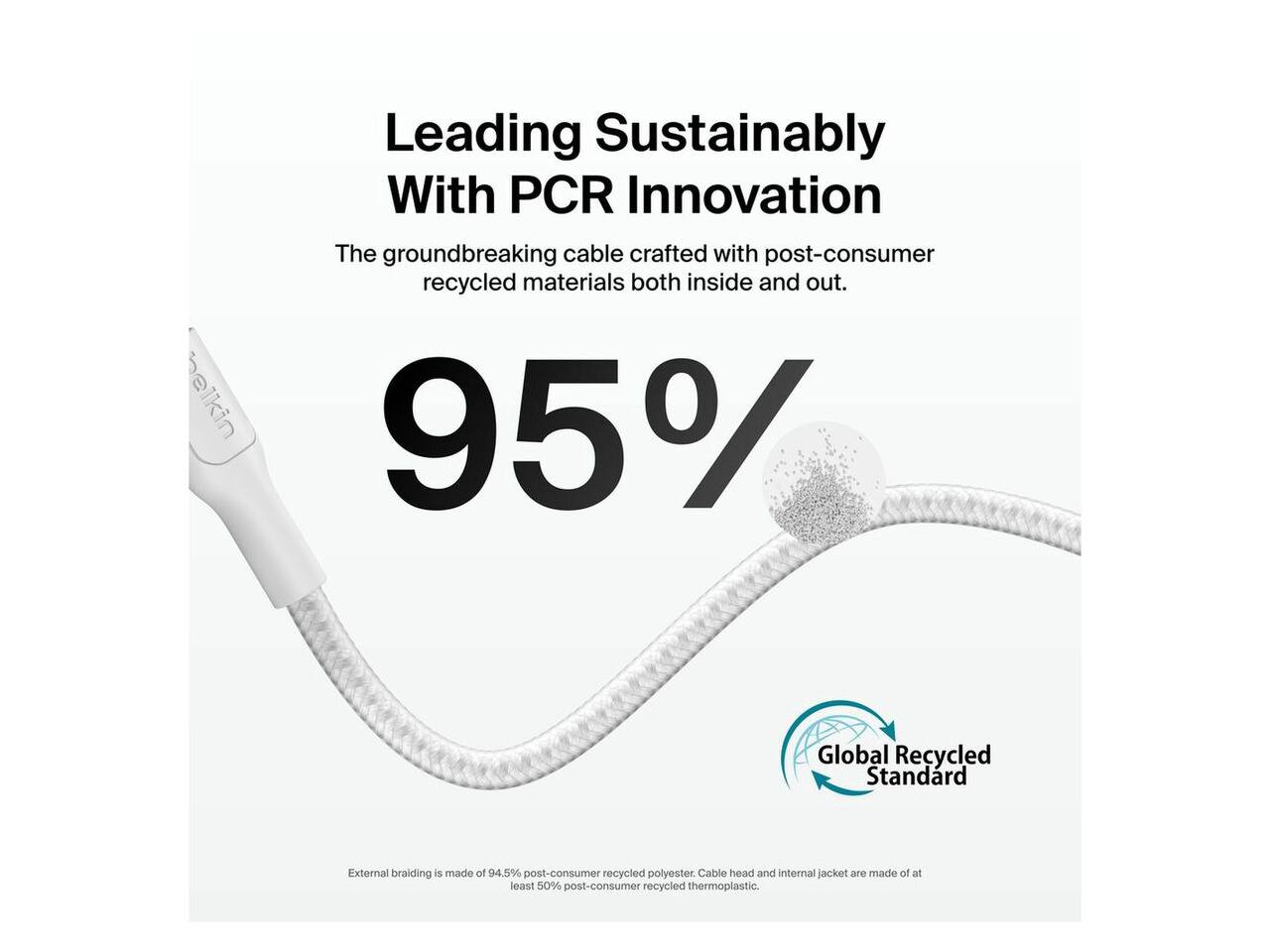 Leading Sustainably With PCR Innovation

The groundbreaking cable crafted with post-consumer recycled materials both inside and out.

95%

Global Recycled Standard

External braiding is made of 94.5% post-consumer recycled polyester. Cable head and internal jacket are made of at least 50% post-consumer recycled thermoplastic.