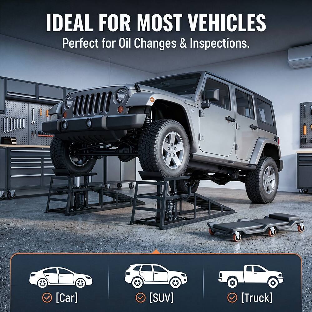 IDEAL FOR MOST VEHICLES  
Perfect for Oil Changes & Inspections.  
[Car]  
[SUV]  
[Truck]