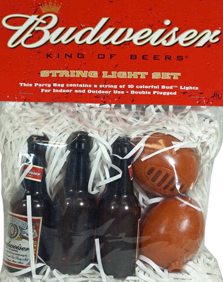 Budweiser  
KING OF BEERS  

STRING LIGHT SET  

This Party Bag contains a string of 10 colorful Bud™ Lights  
For Indoor and Outdoor Use • Double Plugged
