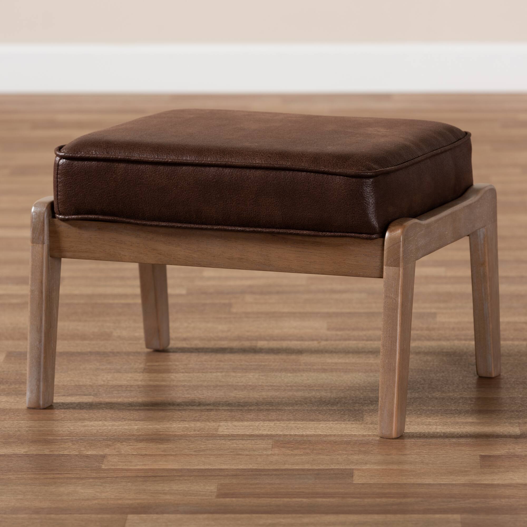 Alt View 2. Baxton Studio - Sigrid Mid-Century Modern Faux Leather Effect Fabric Upholstered Antique Oak Finished Wood Ottoman - Dark Brown/Antique Oak.