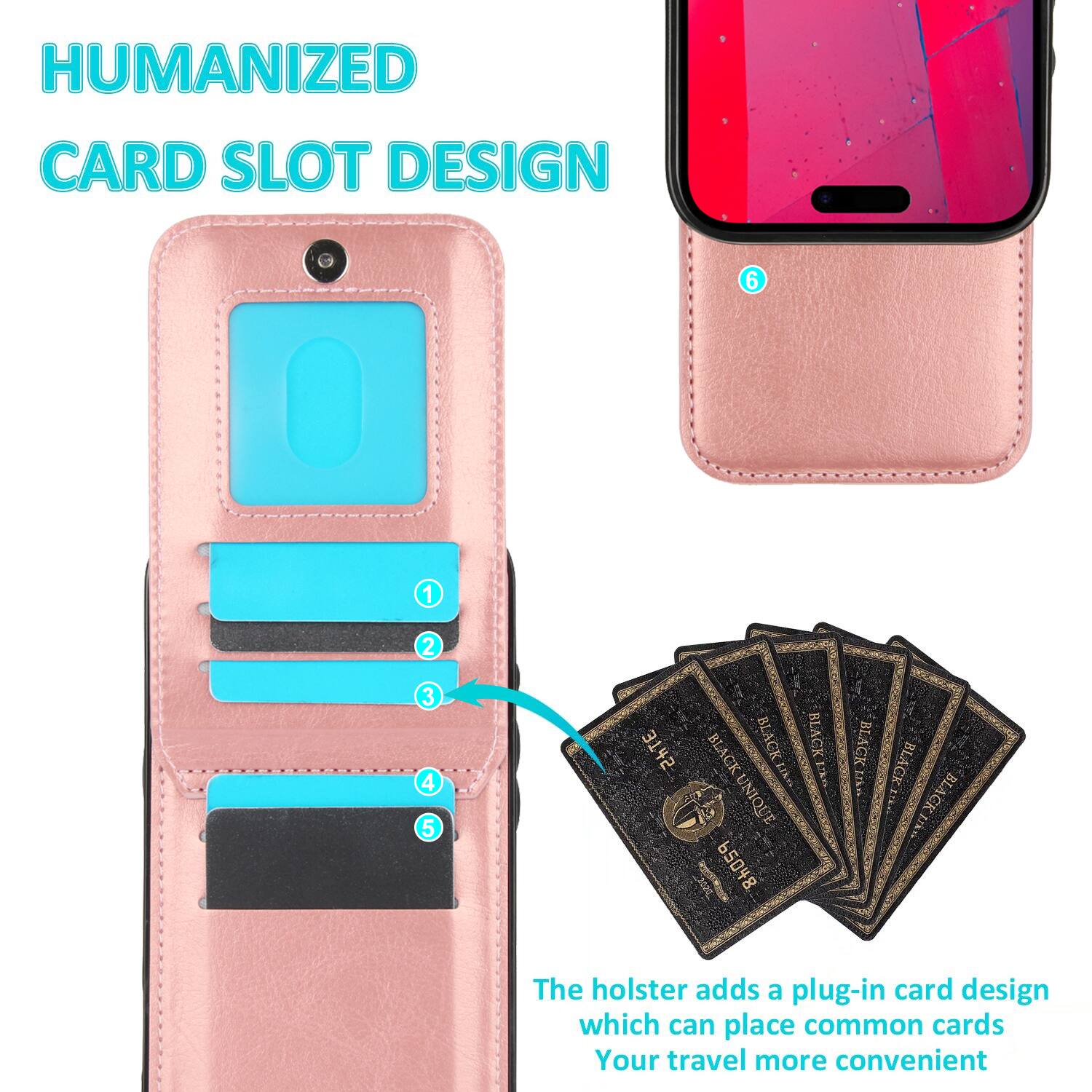 HUMANIZED CARD SLOT DESIGN

The holster adds a plug-in card design which can place common cards, making your travel more convenient.