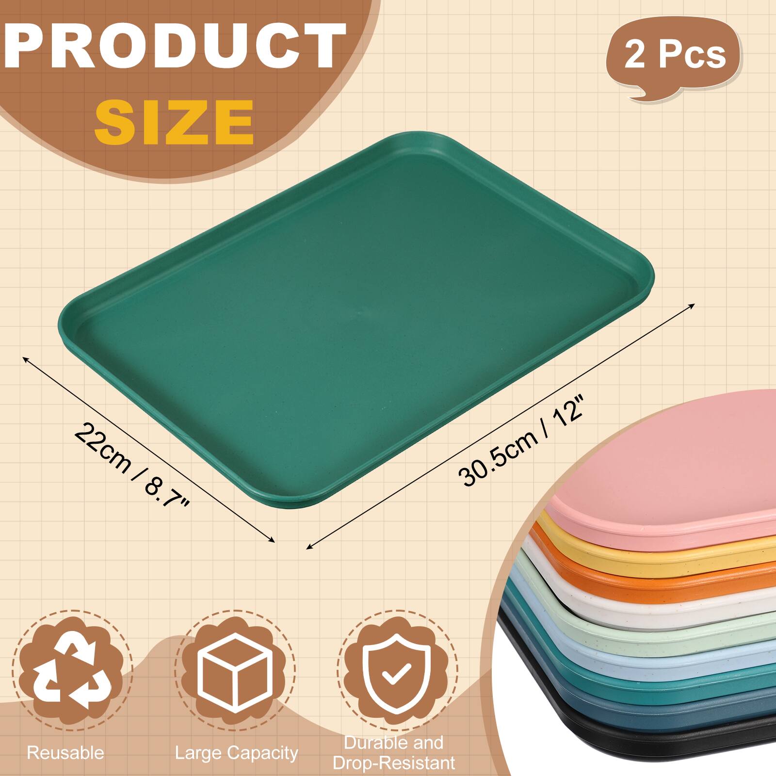 PRODUCT SIZE  
2 Pcs  
22cm / 8.7"  
30.5cm / 12"  

Reusable  
Durable and Large Capacity  
Drop-Resistant