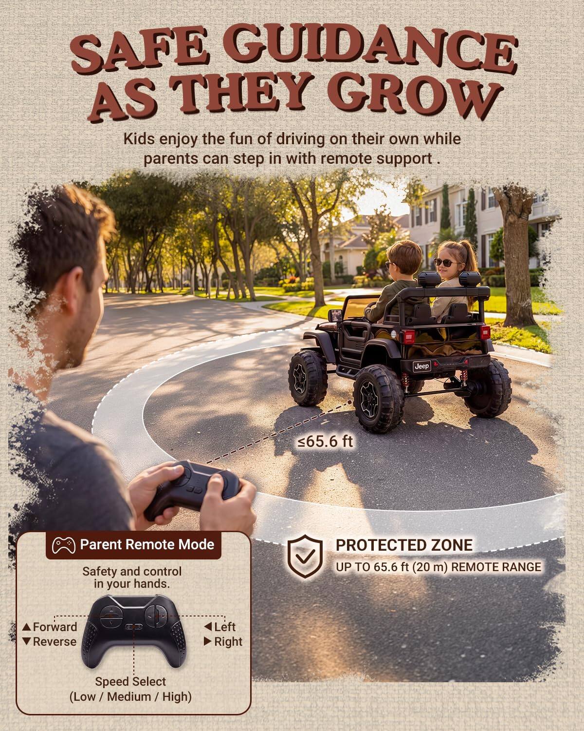 SAFE GUIDANCE AS THEY GROW  
Kids enjoy the fun of driving on their own while parents can step in with remote support.

Jeep  
≤65.6 ft

Parent Remote Mode  
Safety and control in your hands.  
Forward Reverse  
Left Right  
Speed Select (Low/Medium/High)

PROTECTED ZONE  
UP TO 65.6 ft (20 m) REMOTE RANGE