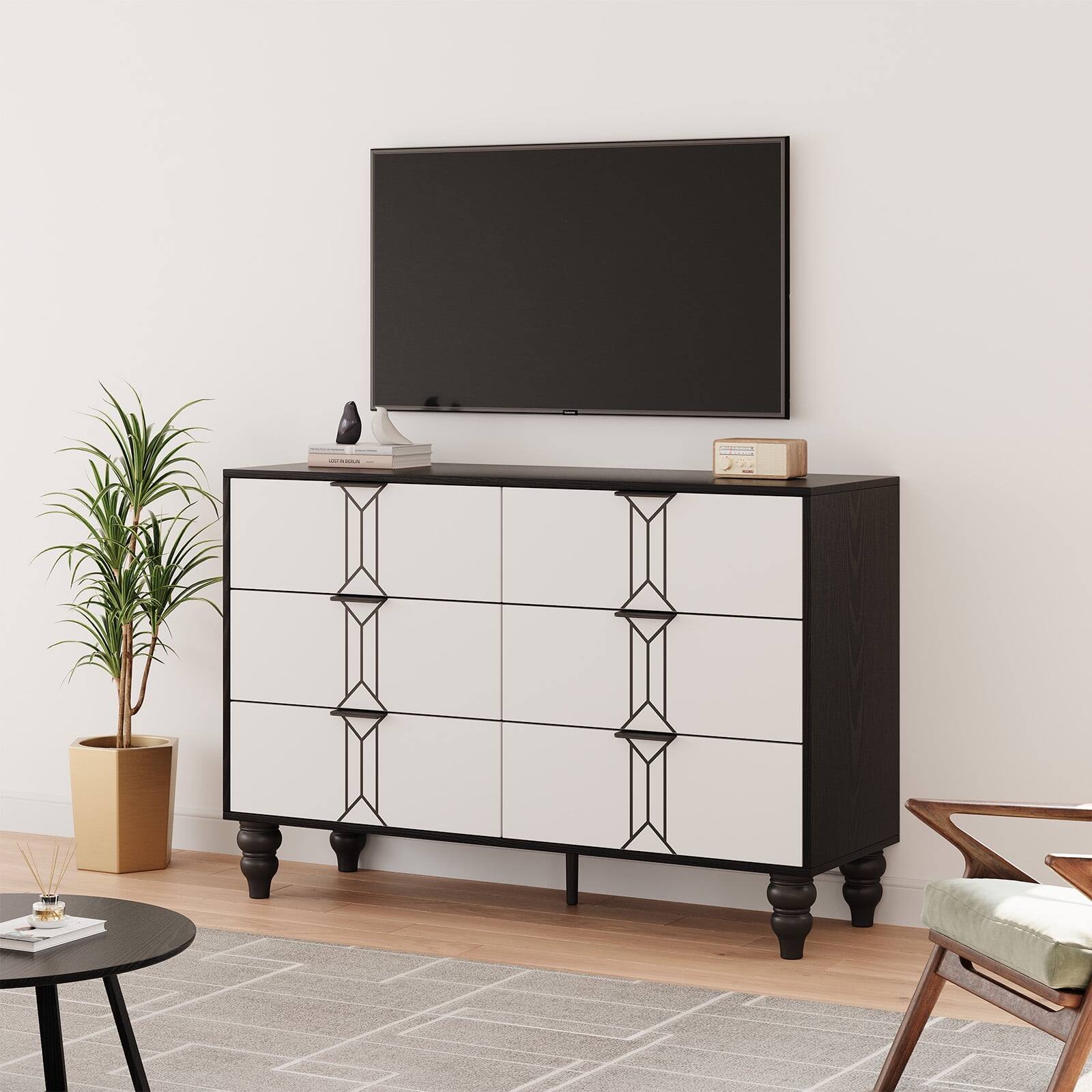 Left. GARVEE - Black-White 6-Drawer Scroll Pattern Chest, Stylish Bedroom or Office Storage, Elegant Storage Solution - White.