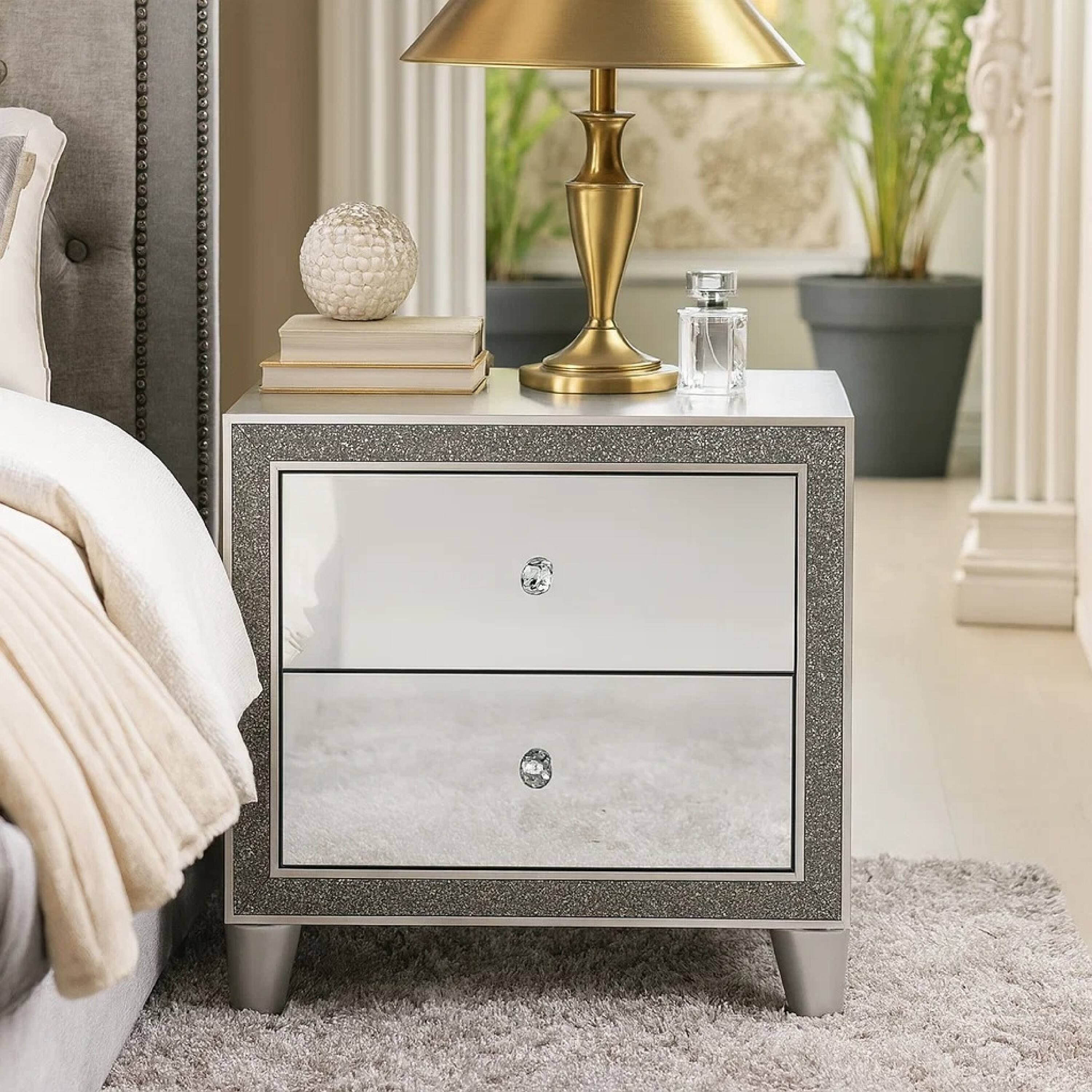Alt View 5. Manhattan Lane - Nightstand with Mirrored Front 2 Drawers - Silver.