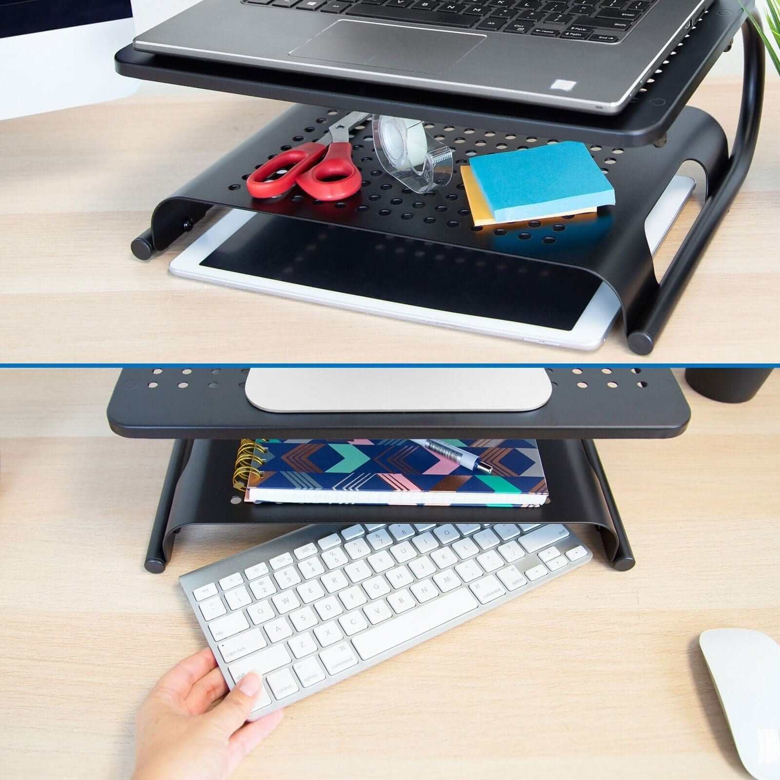 Back. Mount-It! - Two Tier Monitor Stand with Shelf | Ergonomic Desk Riser for Monitors & Laptops up to 32" with Extra Storage, Black - Black.