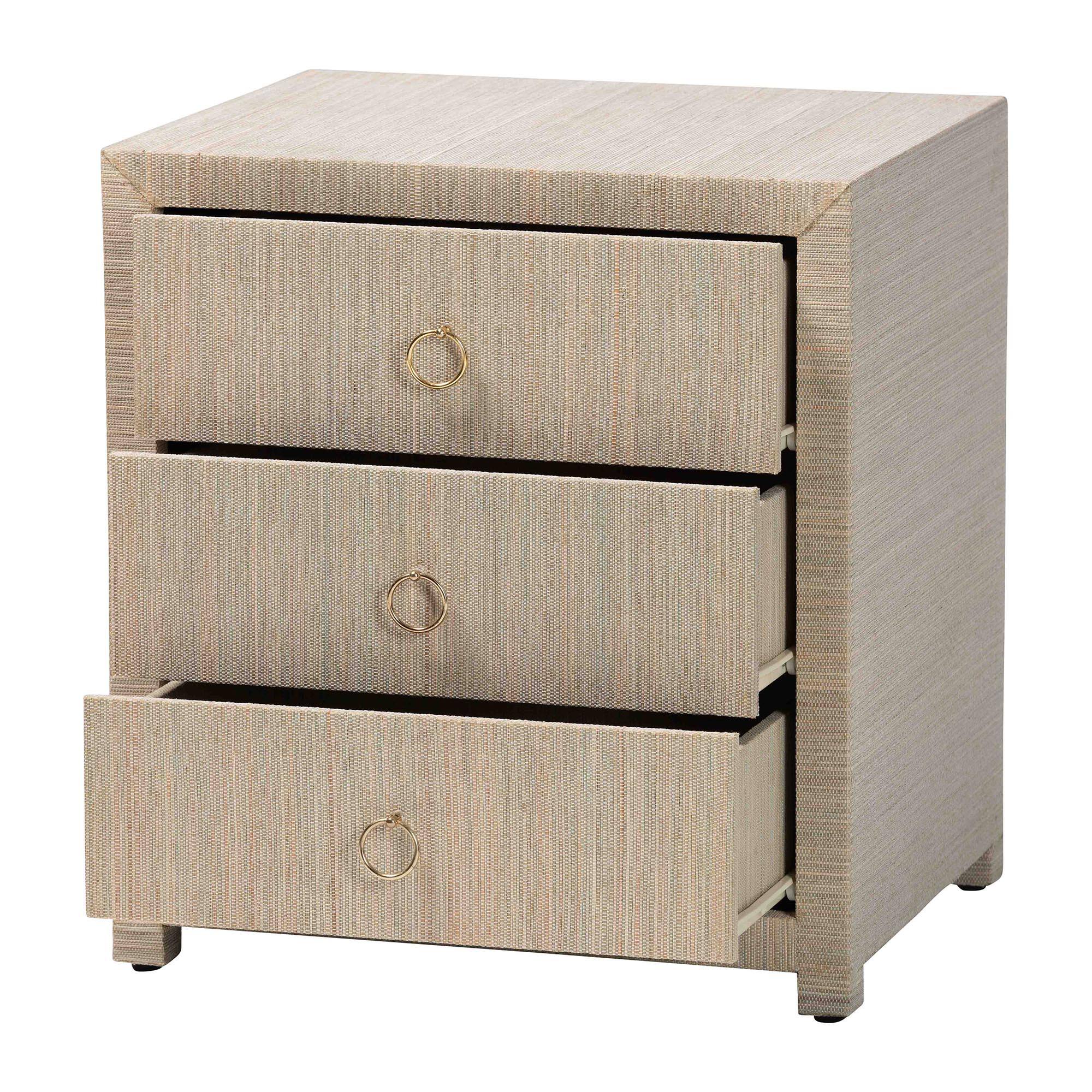 Angle. bali & pari - Quinn Bohemian Woven Natural Grasscloth 3-Drawer Nightstand - Natural/Gold.
