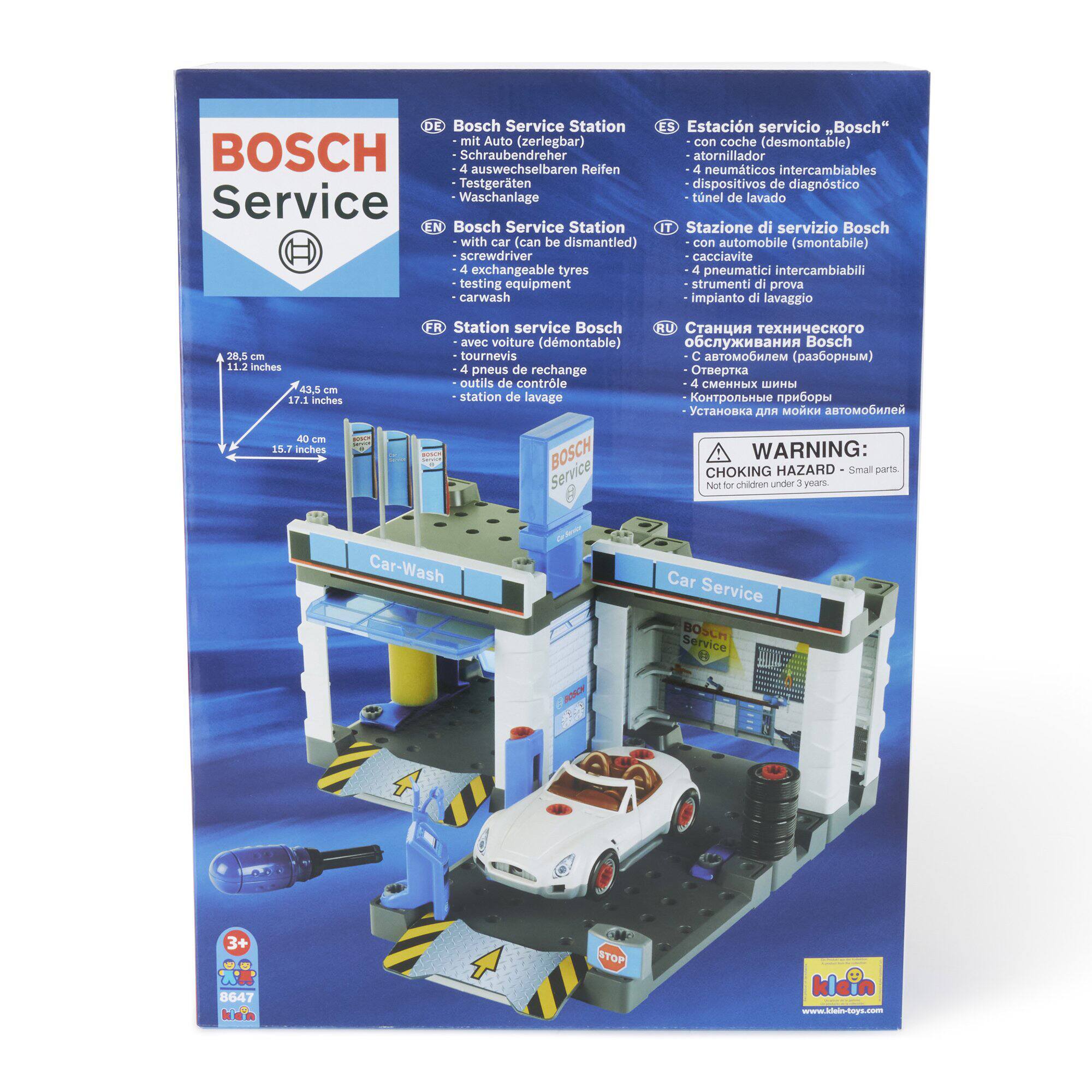 Bosch Service Station with a car (dismountable) and 4 exchangeable tires, screwdriver, and testing equipment. The station is designed for car service and comes with a carwash. The box measures 40 cm x 15.7 inches x 11.2 inches. The product is not suitable for children under 1 year old due to small parts.