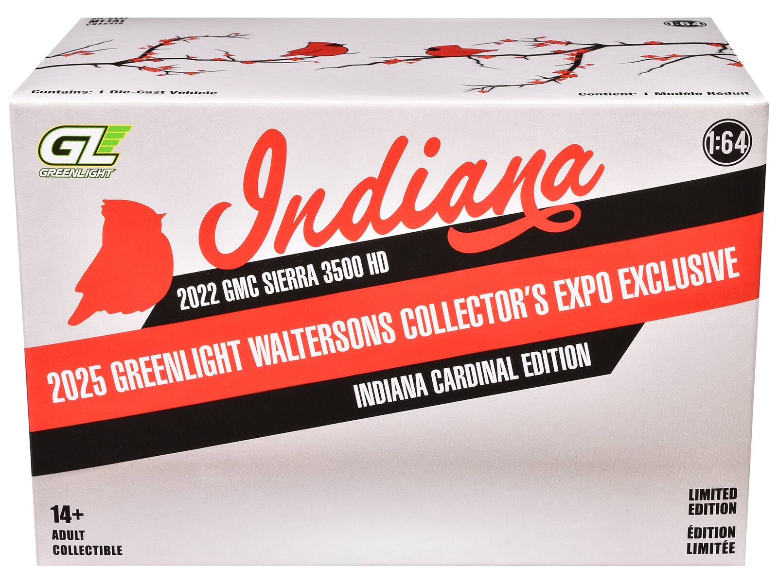 - ad 104 Contains: 1 Die-Cast Vehicle
- GL 1:64 GREENLIGHT
- Indiana
- 2022 GMC SIERRA 3500 HD
- 2025 GREENLIGHT WALTERSONS COLLECTOR'S EXPO EXCLUSIVE
- INDIANA CARDINAL EDITION
- 14+ ADULT COLLECTIBLE
- LIMITED EDITION