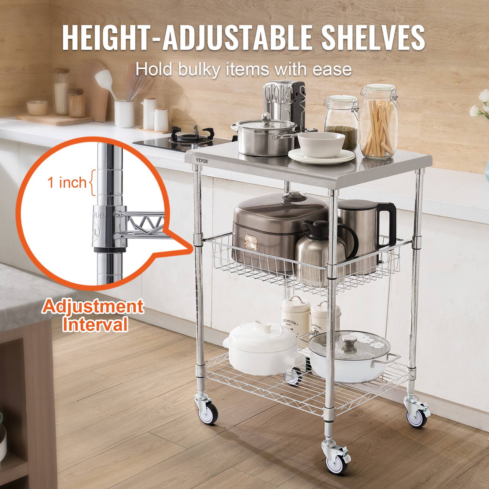 HEIGHT-ADJUSTABLE SHELVES, Hold bulky items with ease, VEVOR, 1 inch, O1 Adjustment Interval, CM. - A
