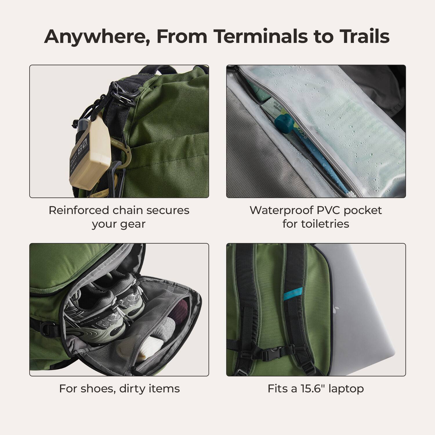 Anywhere, From Terminals to Trails

- Reinforced chain secures your gear
- Waterproof PVC pocket for toiletries
- For shoes, dirty items
- Fits a 15.6" laptop