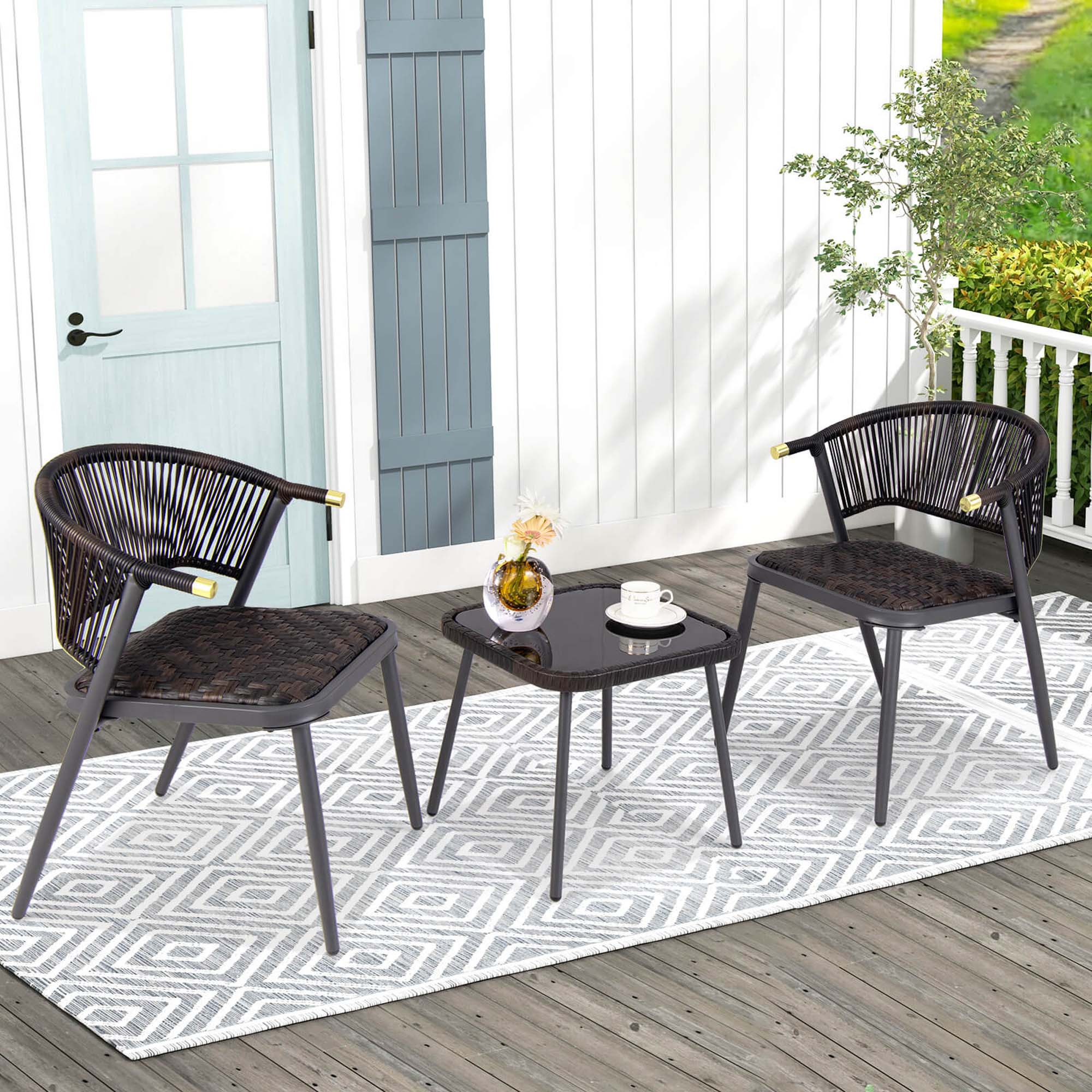 Angle. Costway - 3 PCS Patio Rattan Furniture Set with Tempered Glass Tabletop Wicker Seat - Mix Brown + Black.