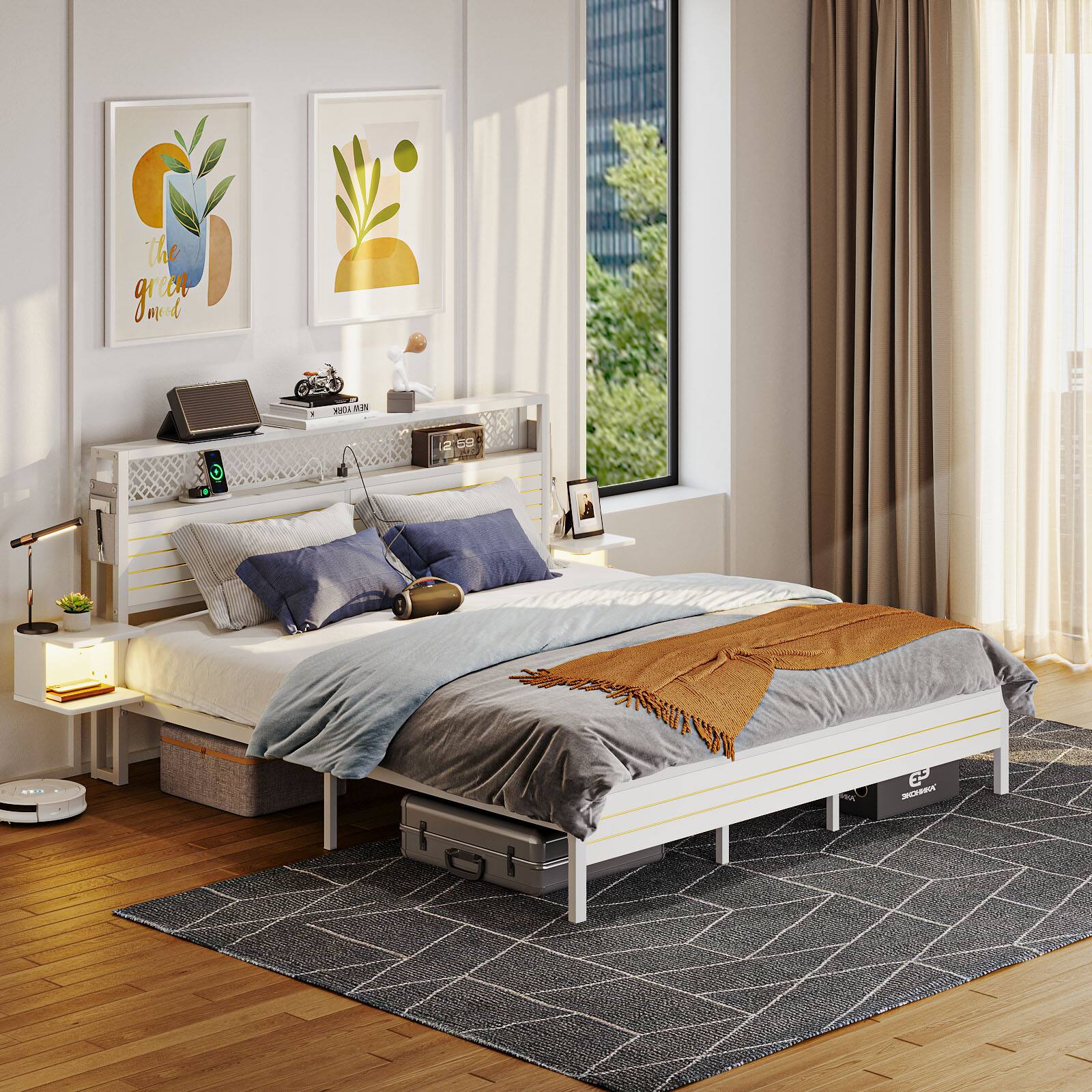 The image features a bedroom with a bed, a desk, and a window. The bed is positioned next to the window, and there are two pictures on the wall. The desk is located near the bed, and there is a laptop on it. The bedroom also has a rug, adding to the cozy atmosphere.