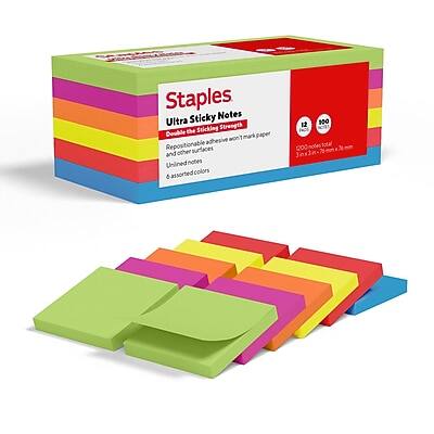 Staples Ultra Sticky Notes
Double the Sticking Power
Repositionable adhesive won't mark paper
200-notes total
100 sheets per pad
Unlined notes in assorted colors
6 pads per pack
1200 sheets total
2" x 3"