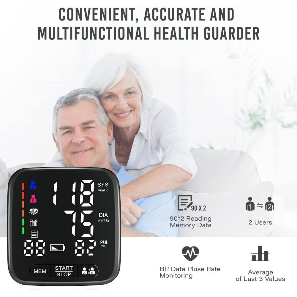 CONVENIENT, ACCURATE AND MULTIFUNCTIONAL HEALTH GUARDER

- SYS mmHg
- DIA mmHg
- PUL /min

90*2 Reading Memory Data

2 Users

BP Data Pulse Rate Monitoring

Average of Last 3 Values