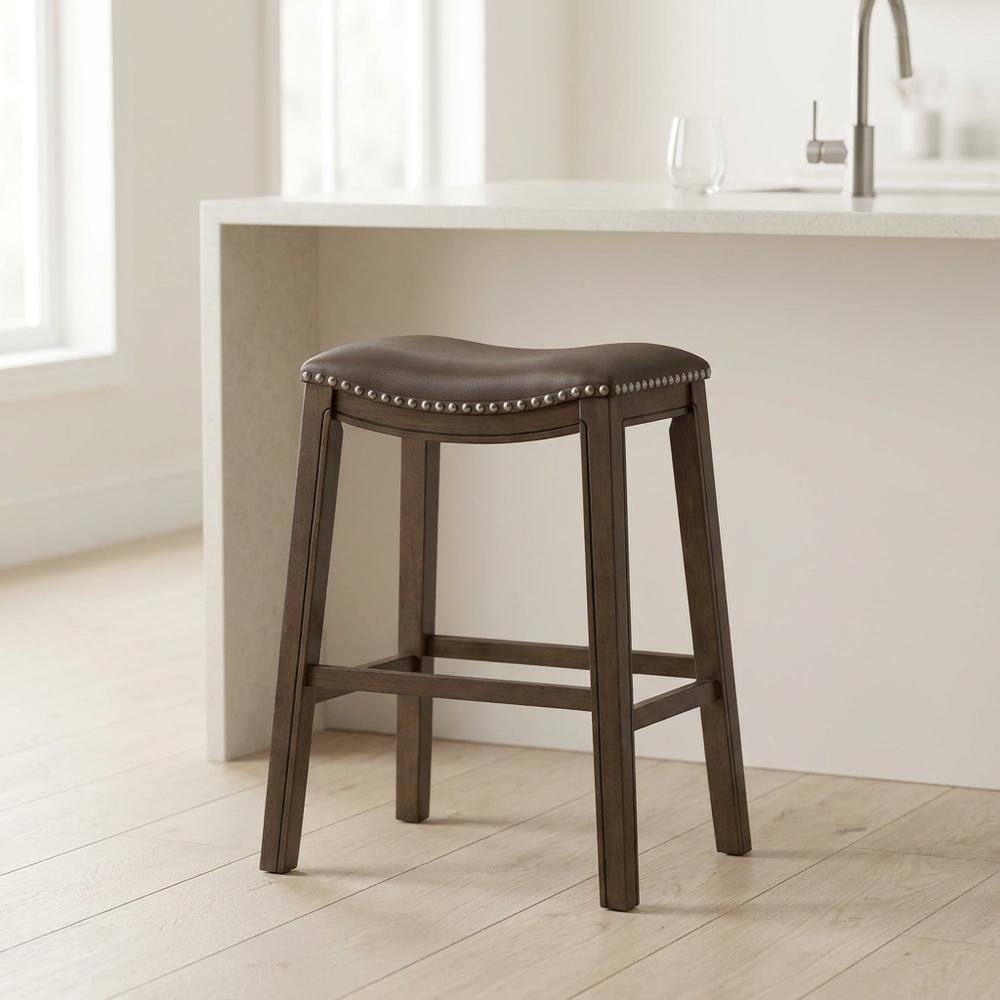 Back. Starlight Canyon Home - Ordway Solid Wood Backless Bar Stool with Saddle Seat for Kitchen Island - Brown.