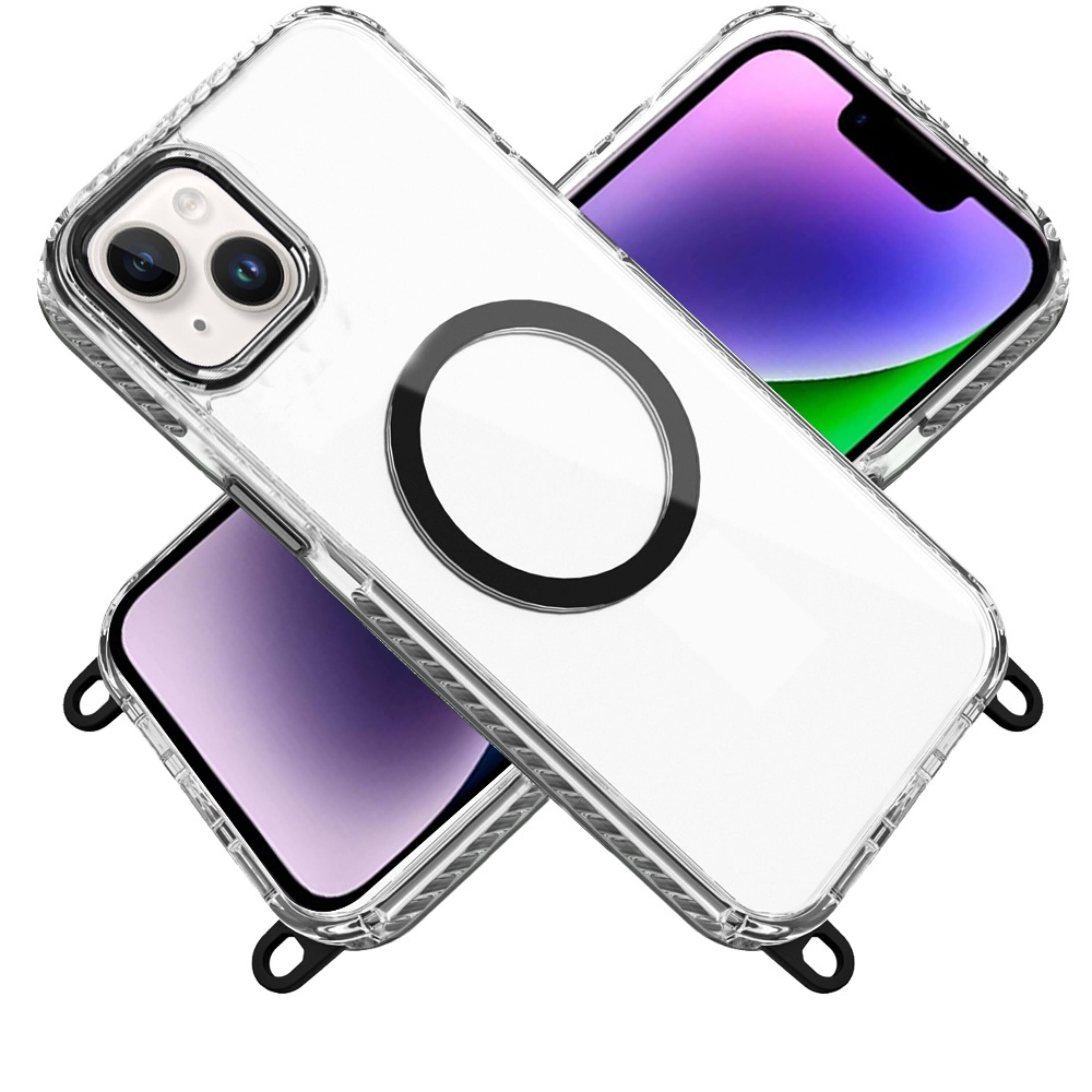 Left. Kitcheniva - Long Matching Lanyard Magnetic Circle Phone Case With Tempered Glass For iPhone 13/14 Black - Black.