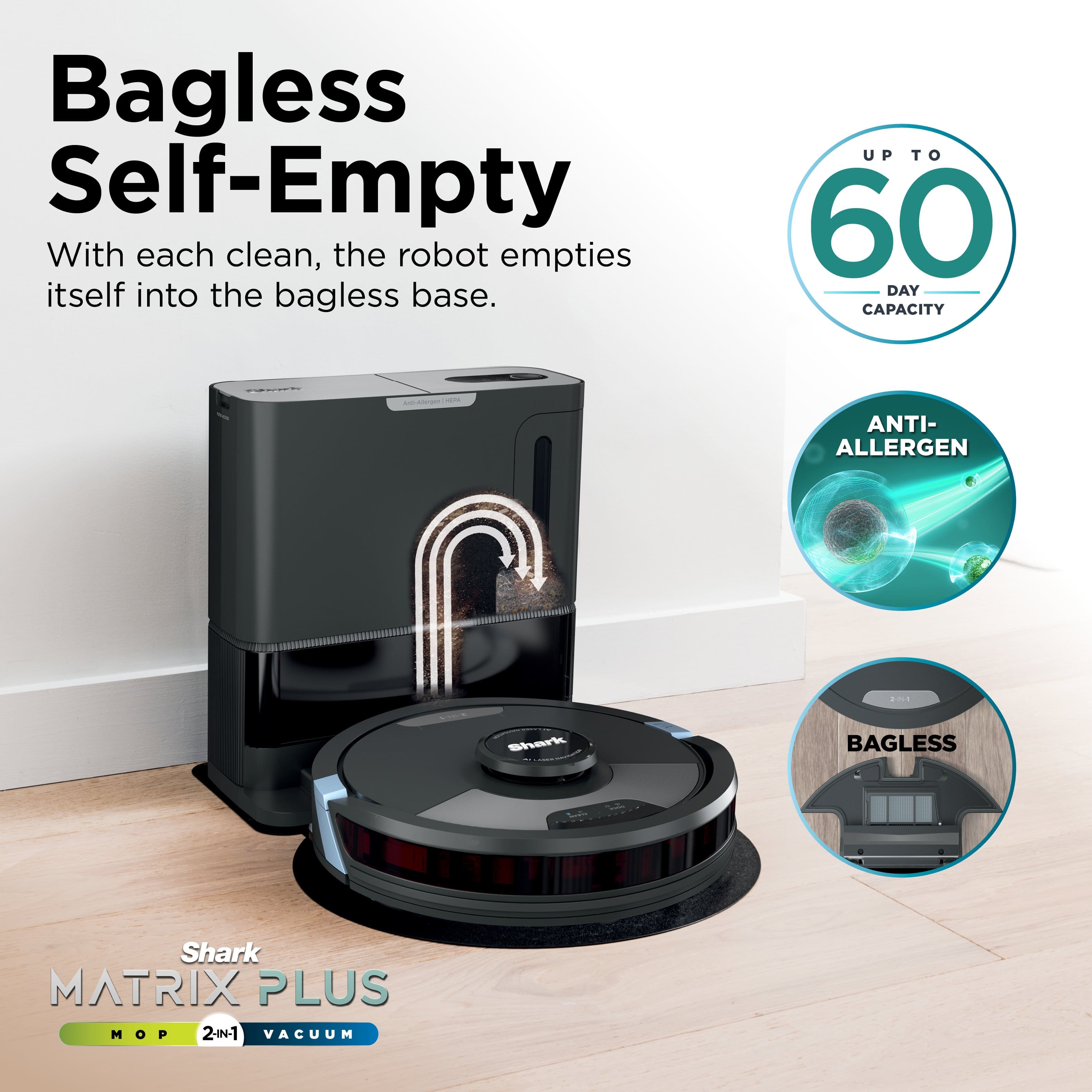 The image features a Shark Bagless Self-Empty vacuum cleaner with a 60-day capacity. The vacuum is designed to empty itself into a bagless base, providing a convenient and efficient cleaning experience. The vacuum is also equipped with an anti-allergen feature, making it suitable for individuals with allergies. The image showcases the vacuum cleaner on a wooden floor, emphasizing its cleaning capabilities.